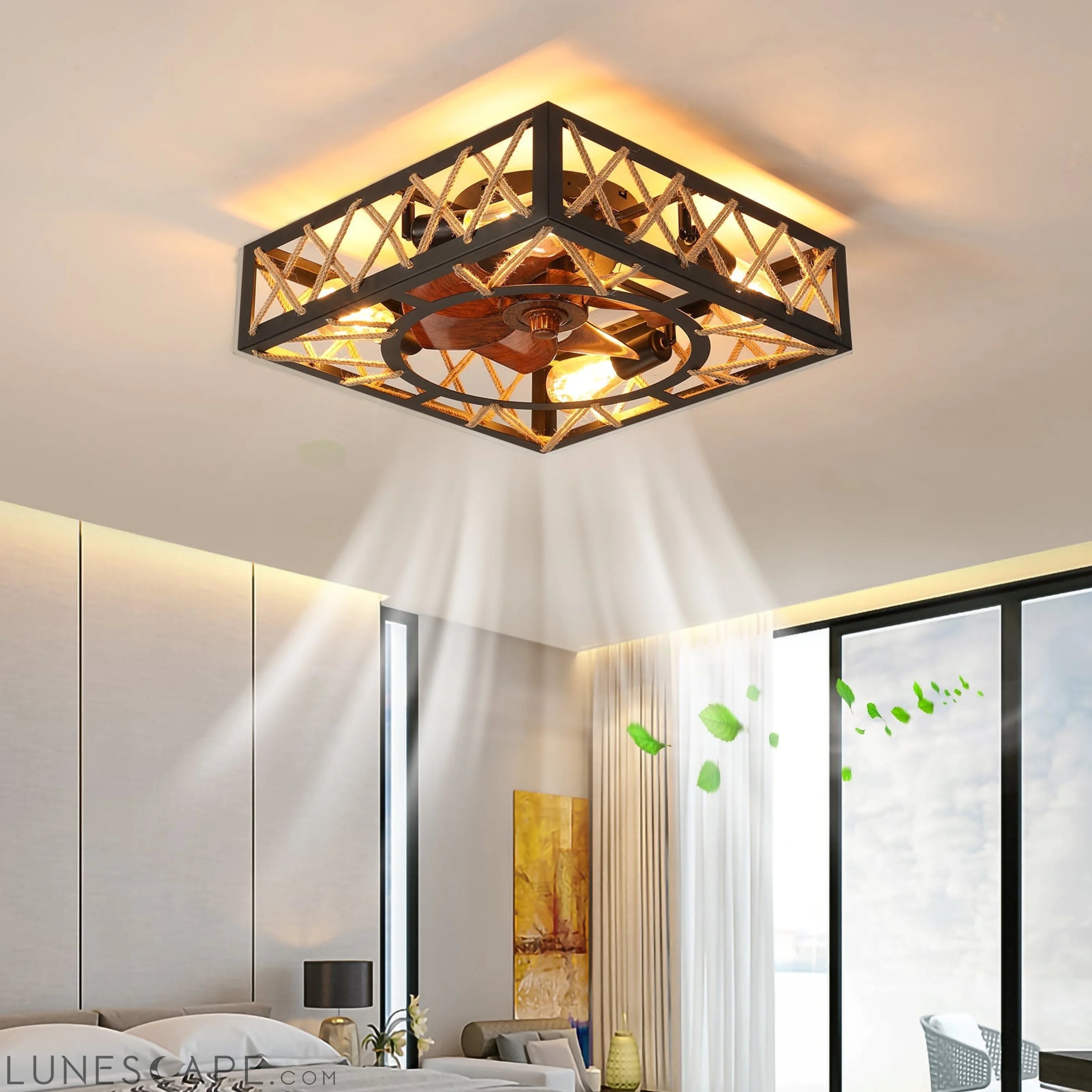 Farmhouse Rustic Ceiling Fan and Remote Control,Square Caged LUNESCAPE