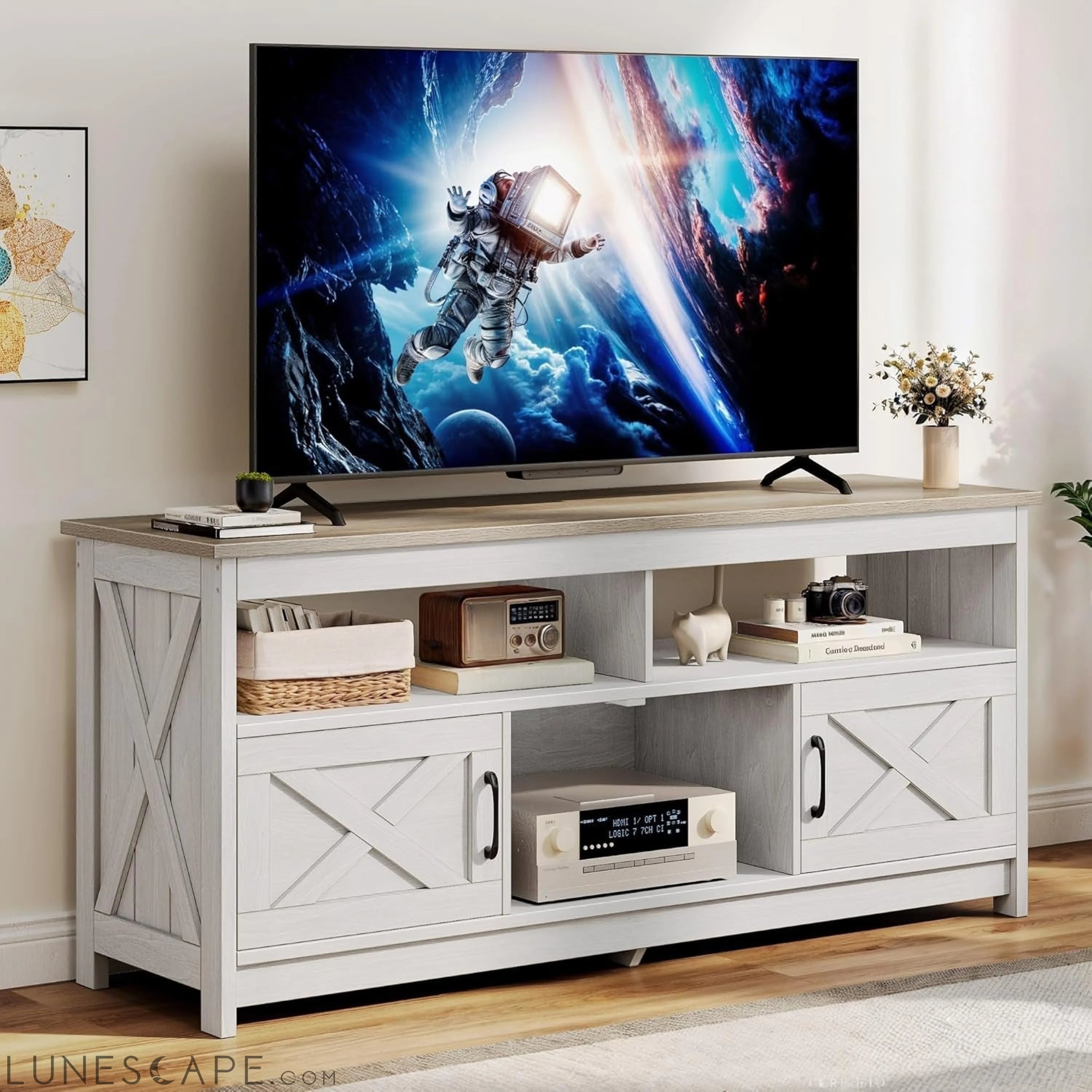 Farmhouse TV Stand for Television up to 65 Inch, Entertainment Center LUNESCAPE