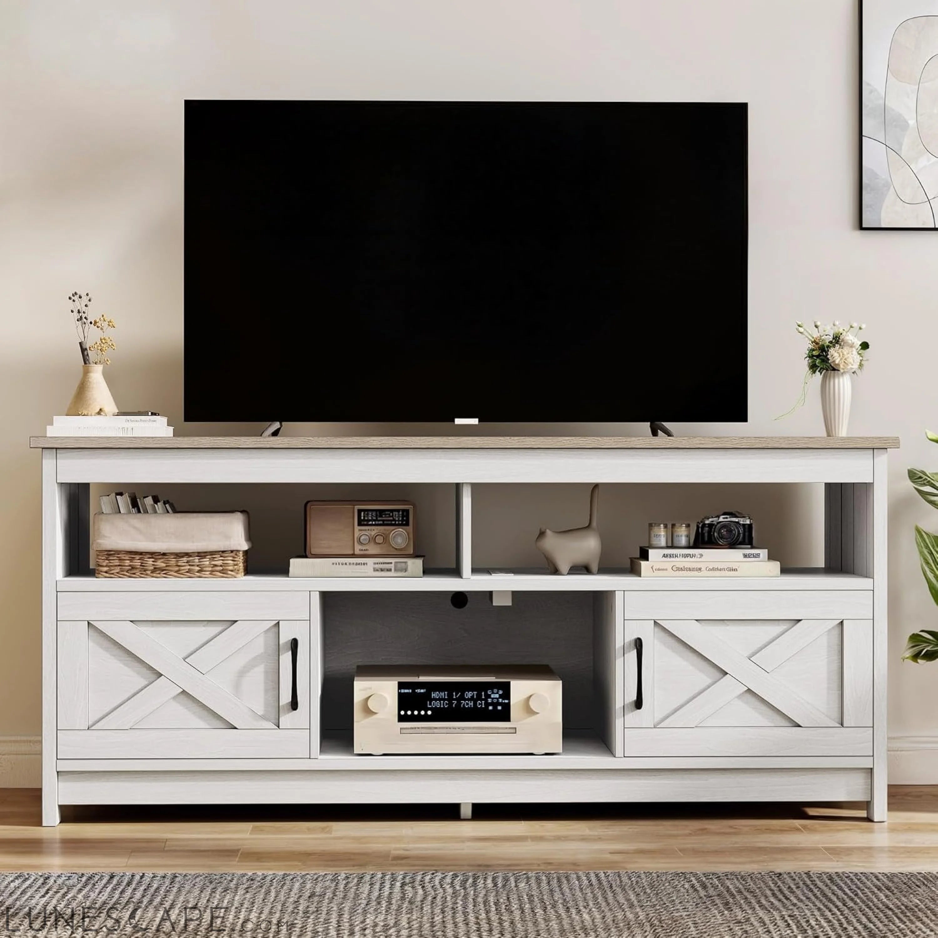 Farmhouse TV Stand for Television up to 65 Inch, Entertainment Center LUNESCAPE