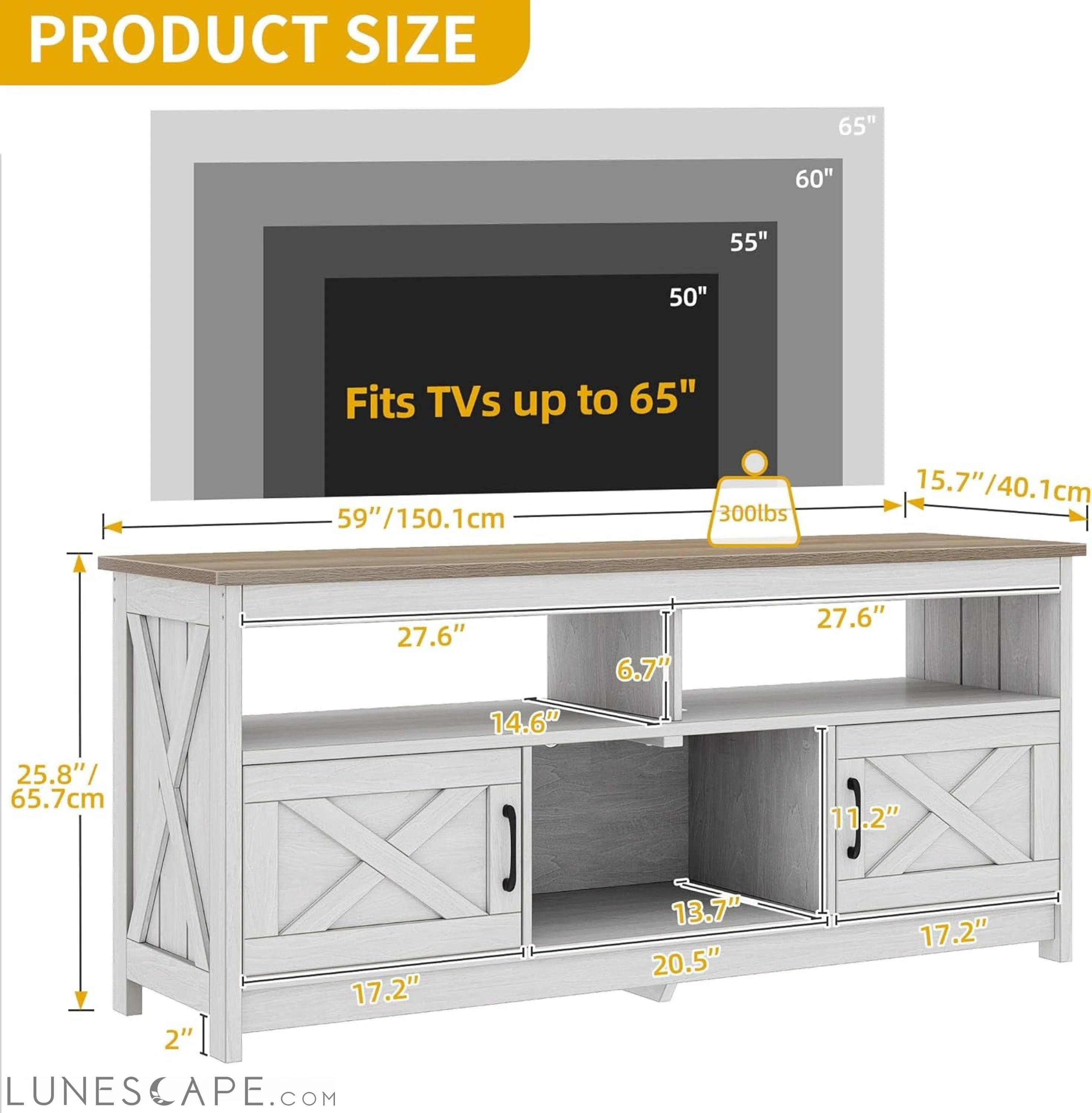 Farmhouse TV Stand for Television up to 65 Inch, Entertainment Center LUNESCAPE
