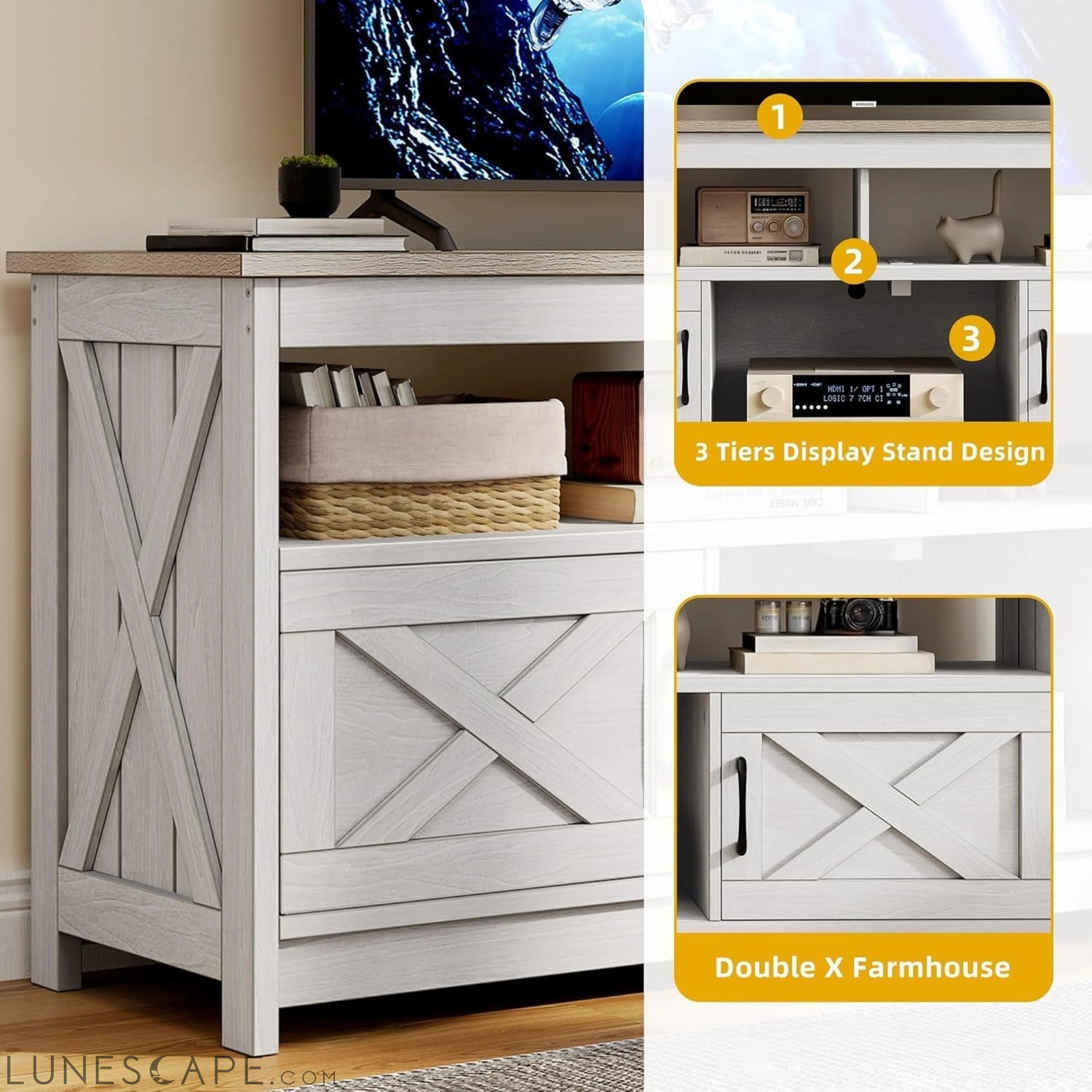 Farmhouse TV Stand for Television up to 65 Inch, Entertainment Center LUNESCAPE
