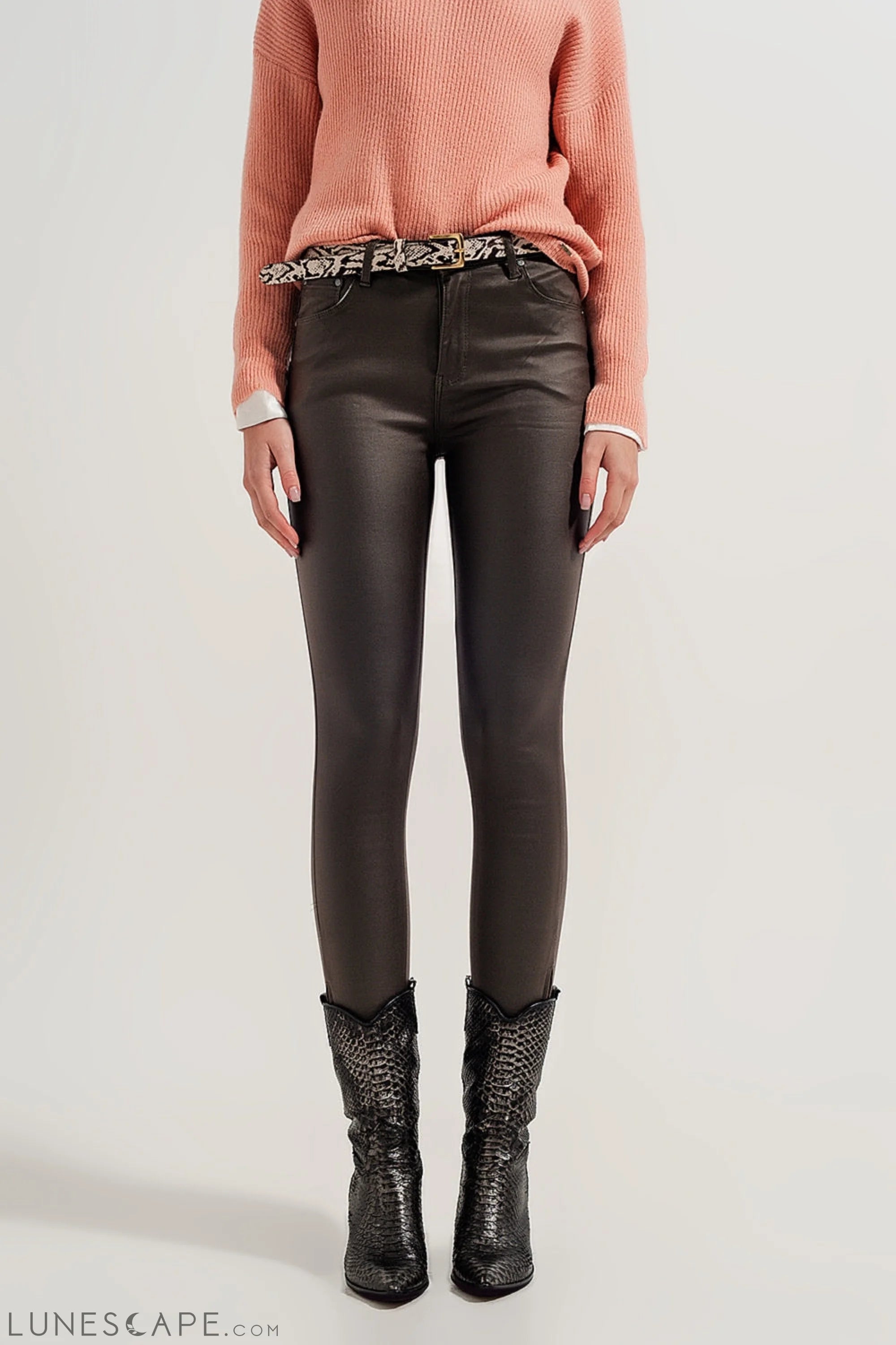 Faux Leather High Waisted Split Zip Hem Pants in Khaki LUNESCAPE