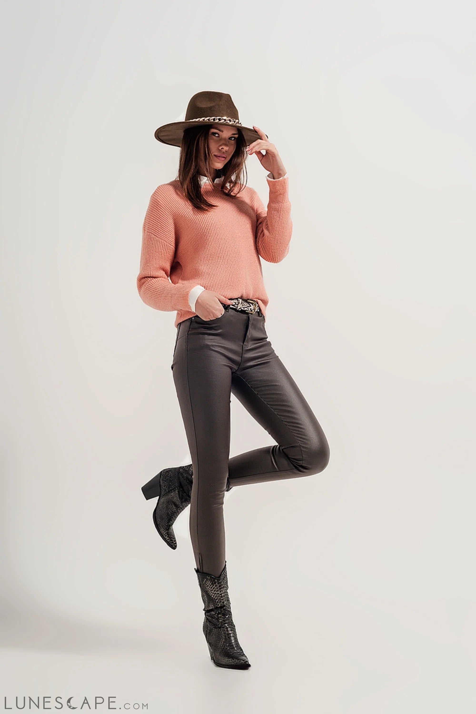Faux Leather High Waisted Split Zip Hem Pants in Khaki LUNESCAPE