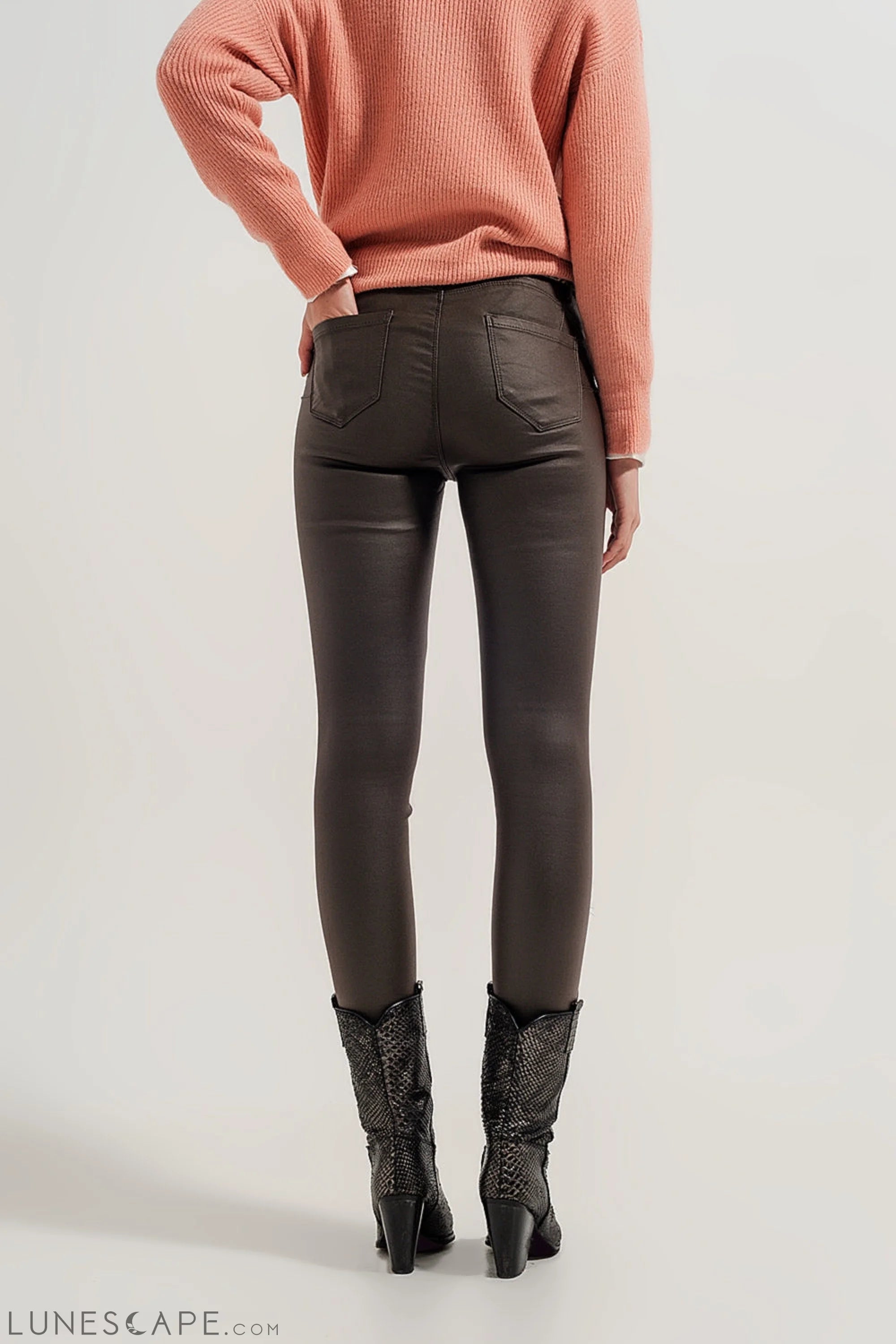 Faux Leather High Waisted Split Zip Hem Pants in Khaki LUNESCAPE