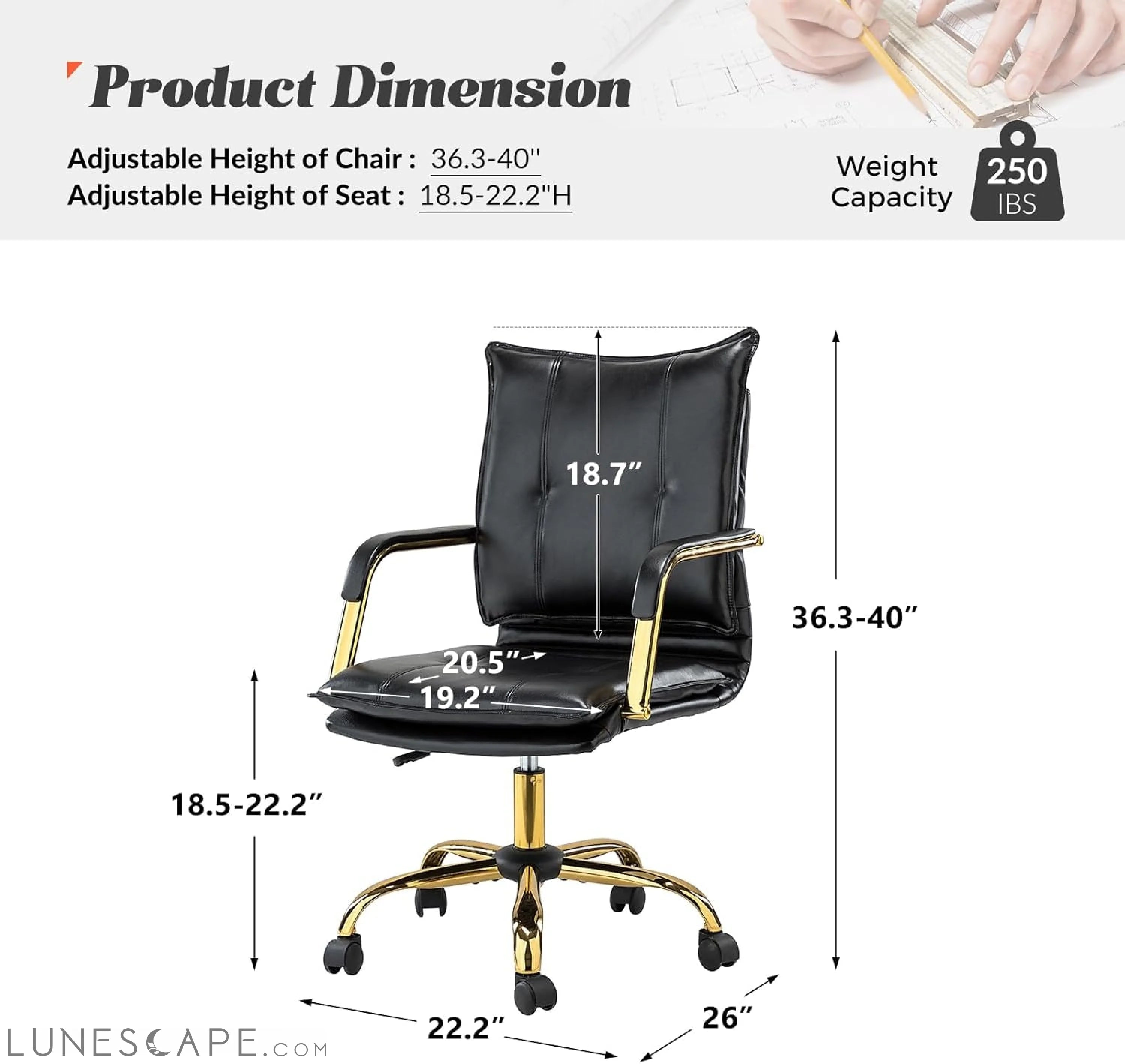 Faux Leather Home Office Desk Chair, Adjustable Swivel Computer Chair LUNESCAPE