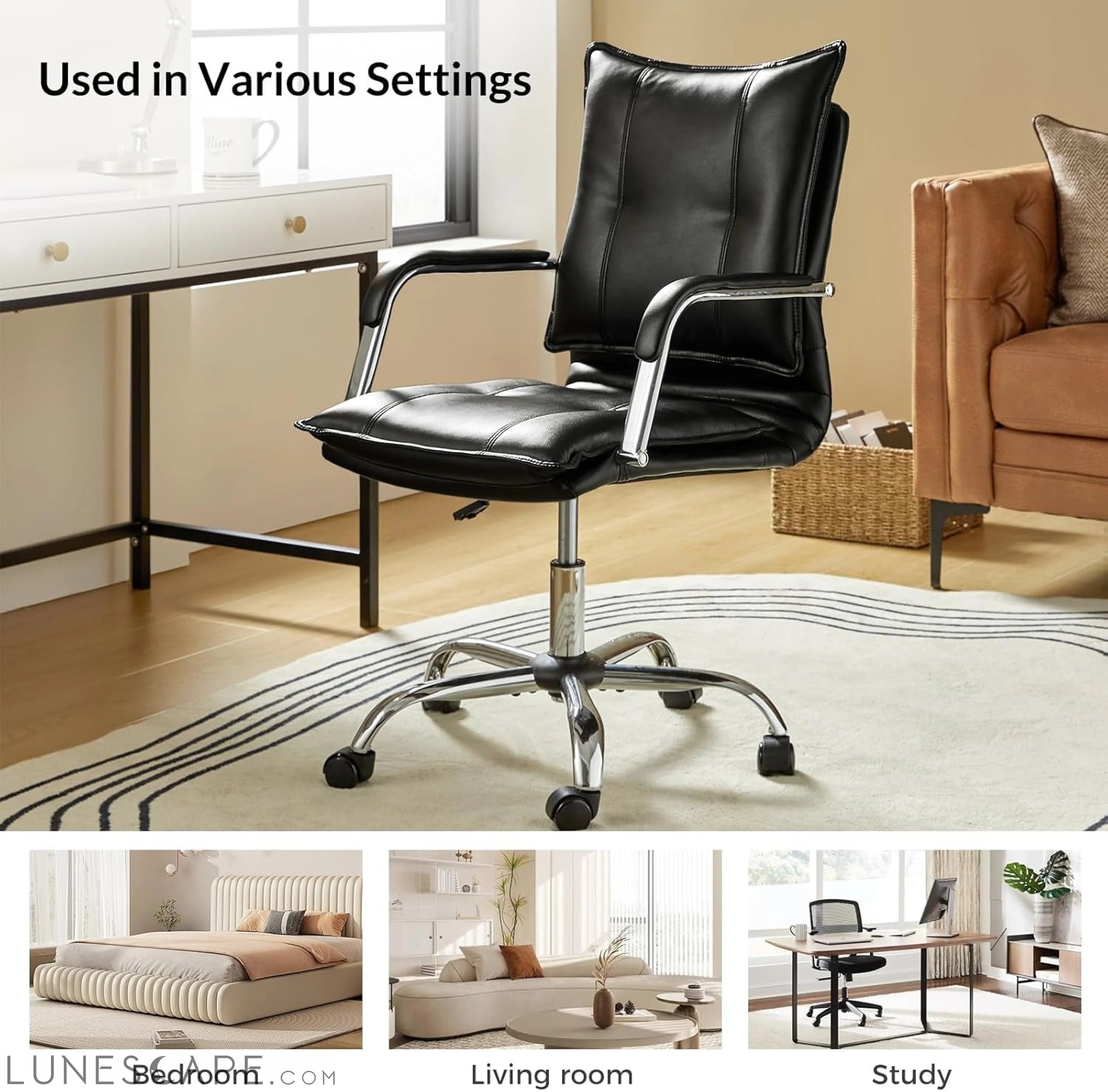 Faux Leather Home Office Desk Chair, Adjustable Swivel Computer Chair LUNESCAPE