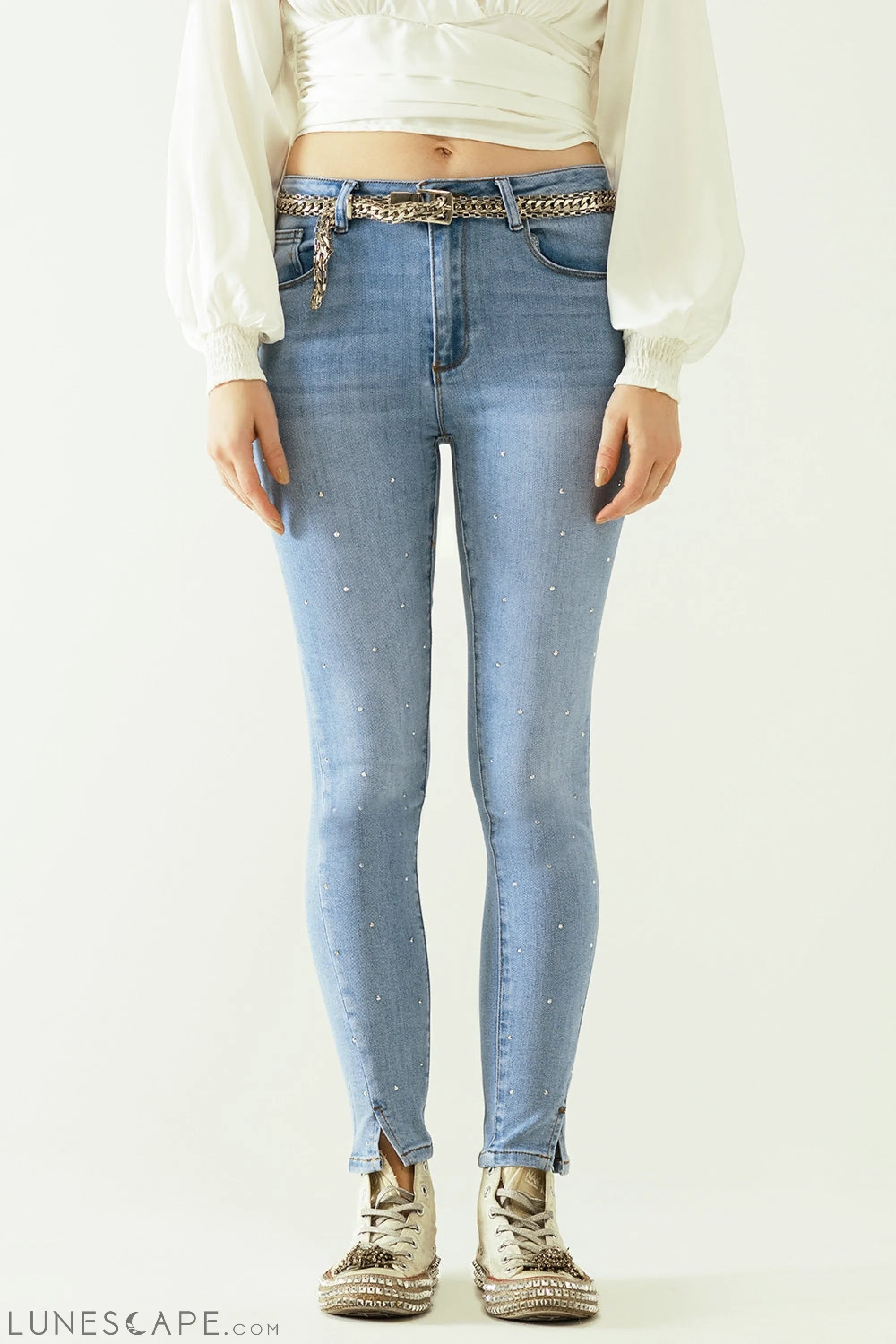 Five-Pocket Skinny Jeans in Stretch Denim With Strass Detail All Over LUNESCAPE