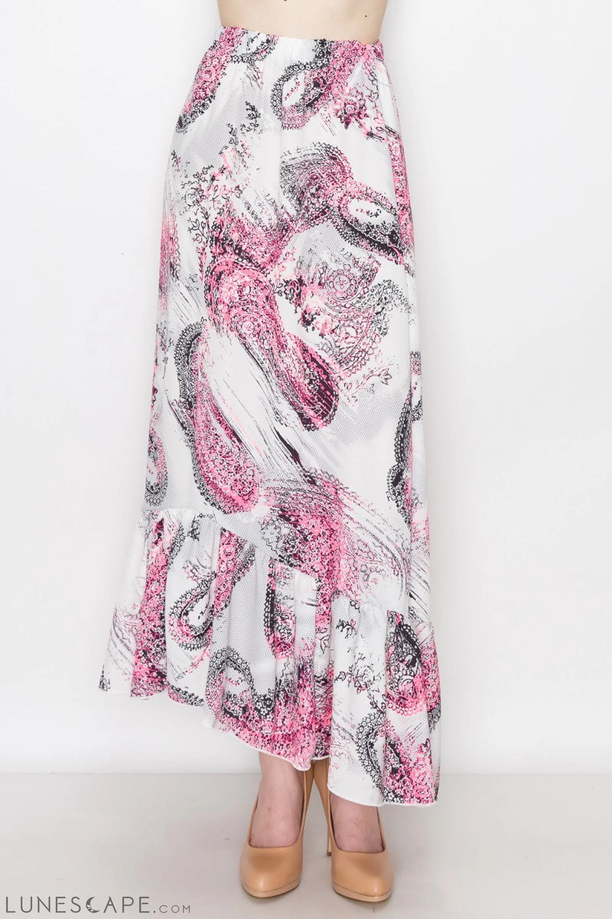 Flared Bottom Paisley Print Long Skirt - Pink LUNESCAPE