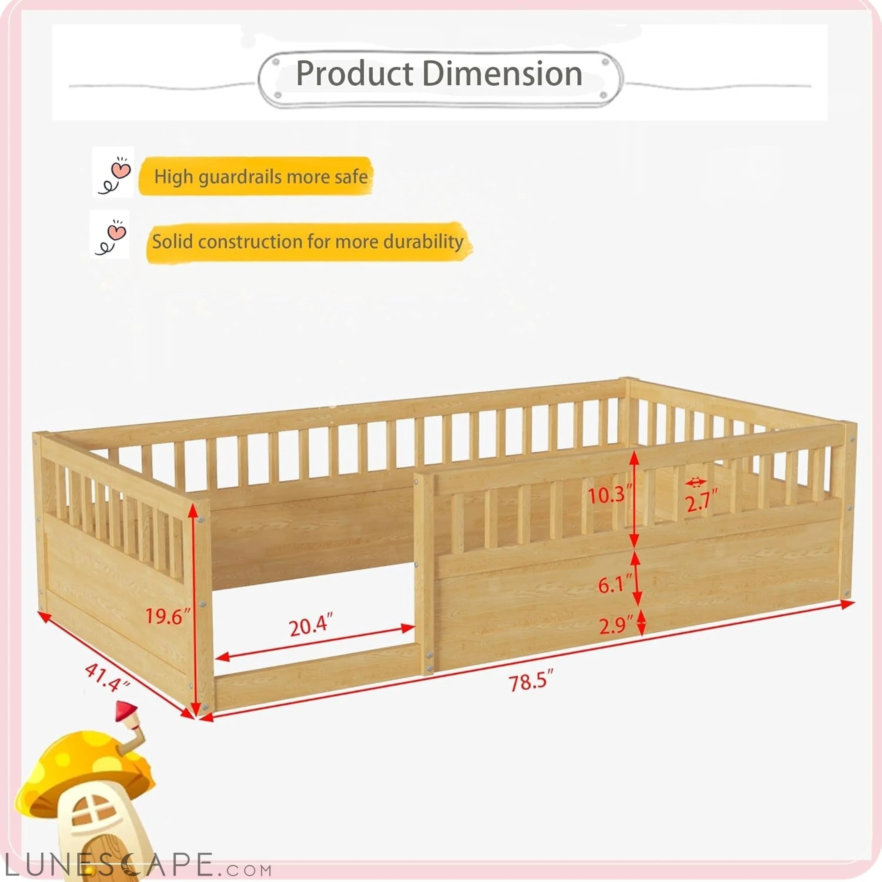 Floor Bed for Kids, Twin Size Montessori Bed with High Fence Railings, LUNESCAPE