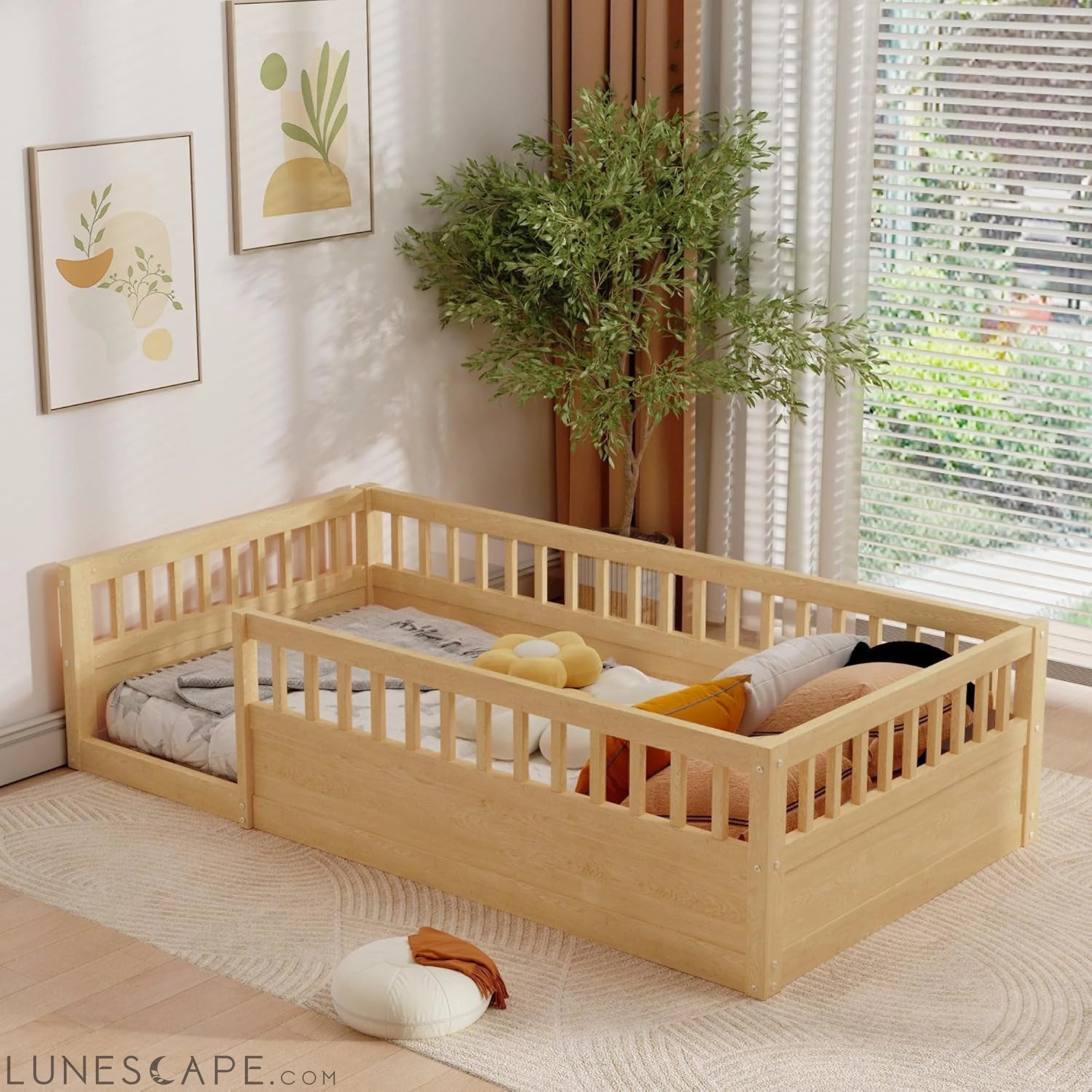 Floor Bed for Kids, Twin Size Montessori Bed with High Fence Railings, LUNESCAPE