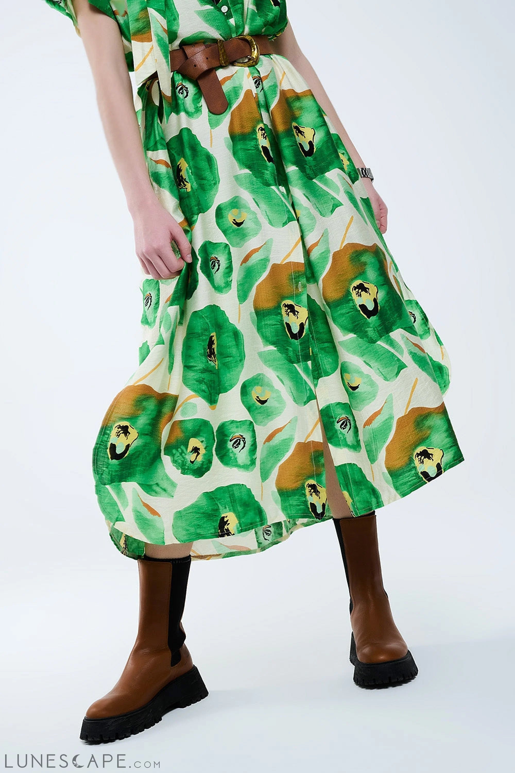 Floral Bliss Dress in Green and Warm Hues LUNESCAPE