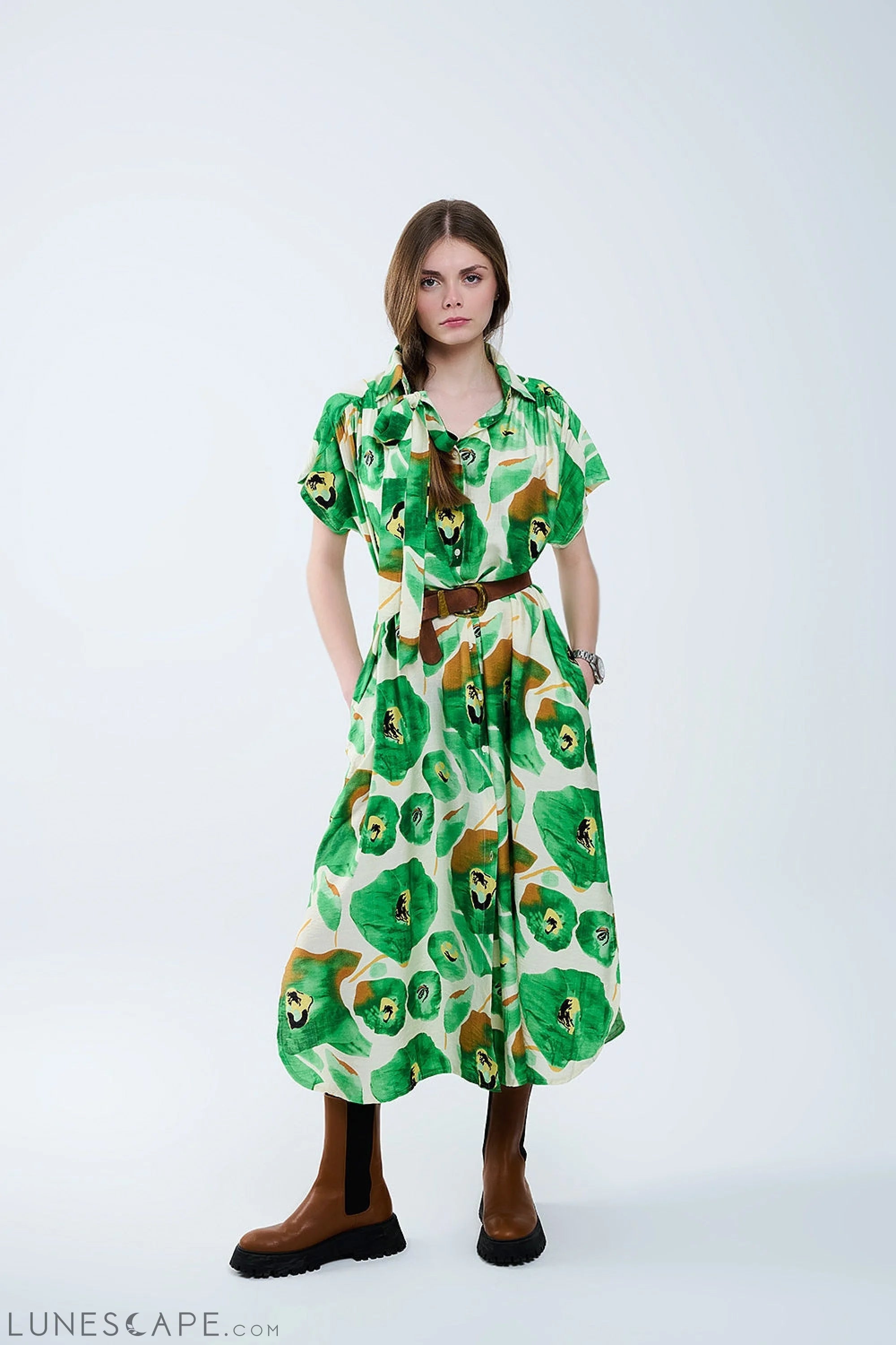 Floral Bliss Dress in Green and Warm Hues LUNESCAPE