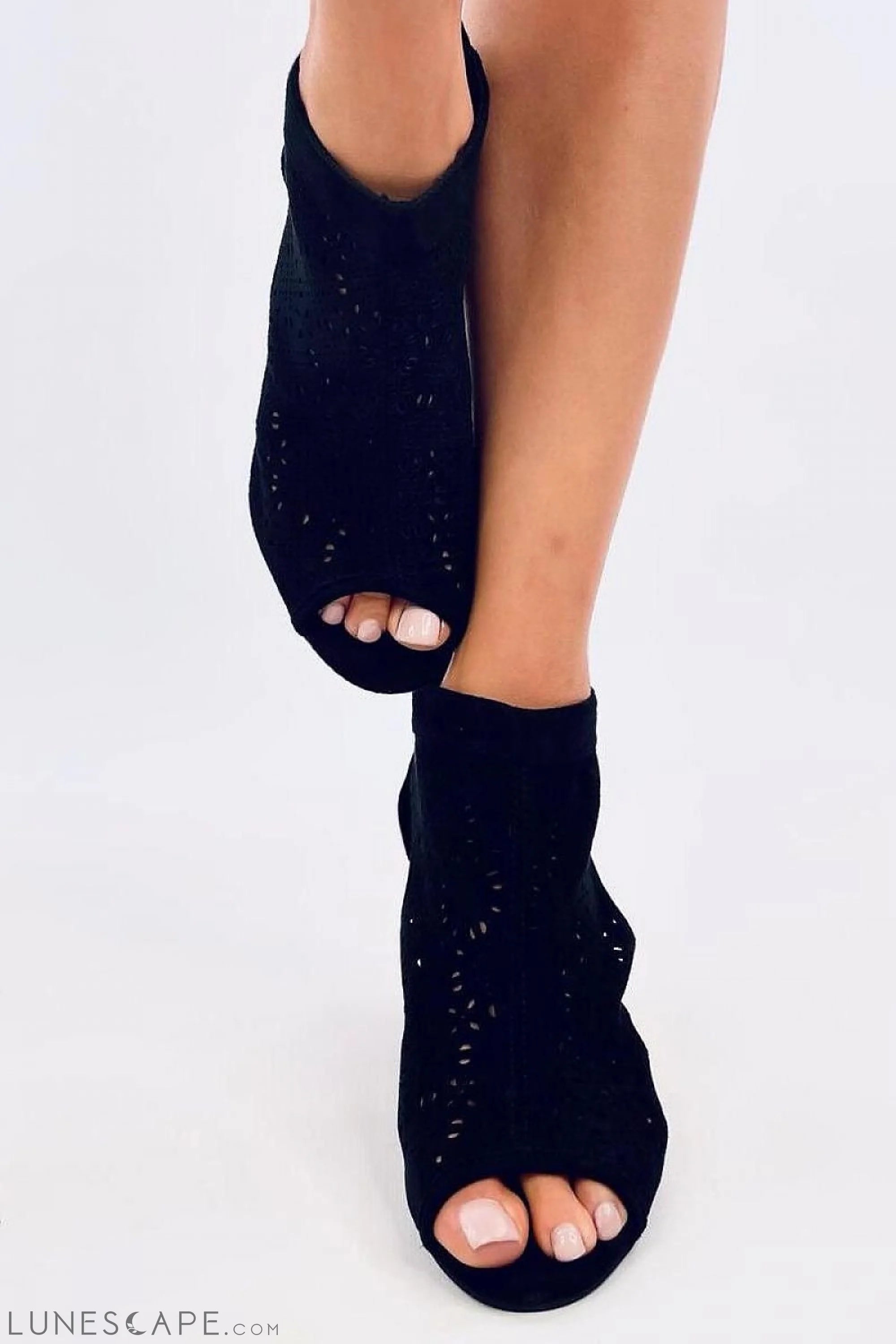 Floral Cutwork Black Suede Ankle Booties with Open Toe LUNESCAPE