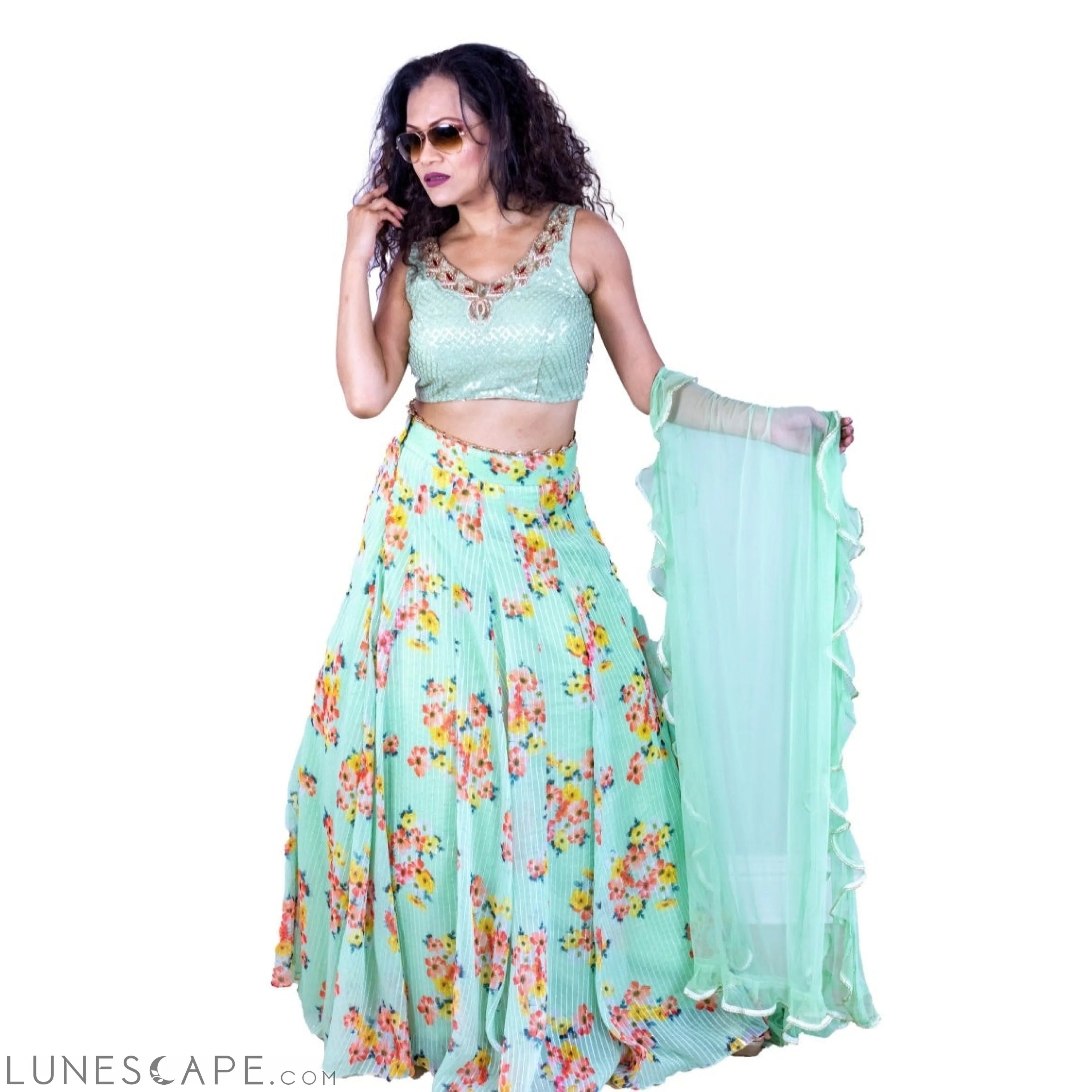 Floral Design Lehenga Set - Green LUNESCAPE