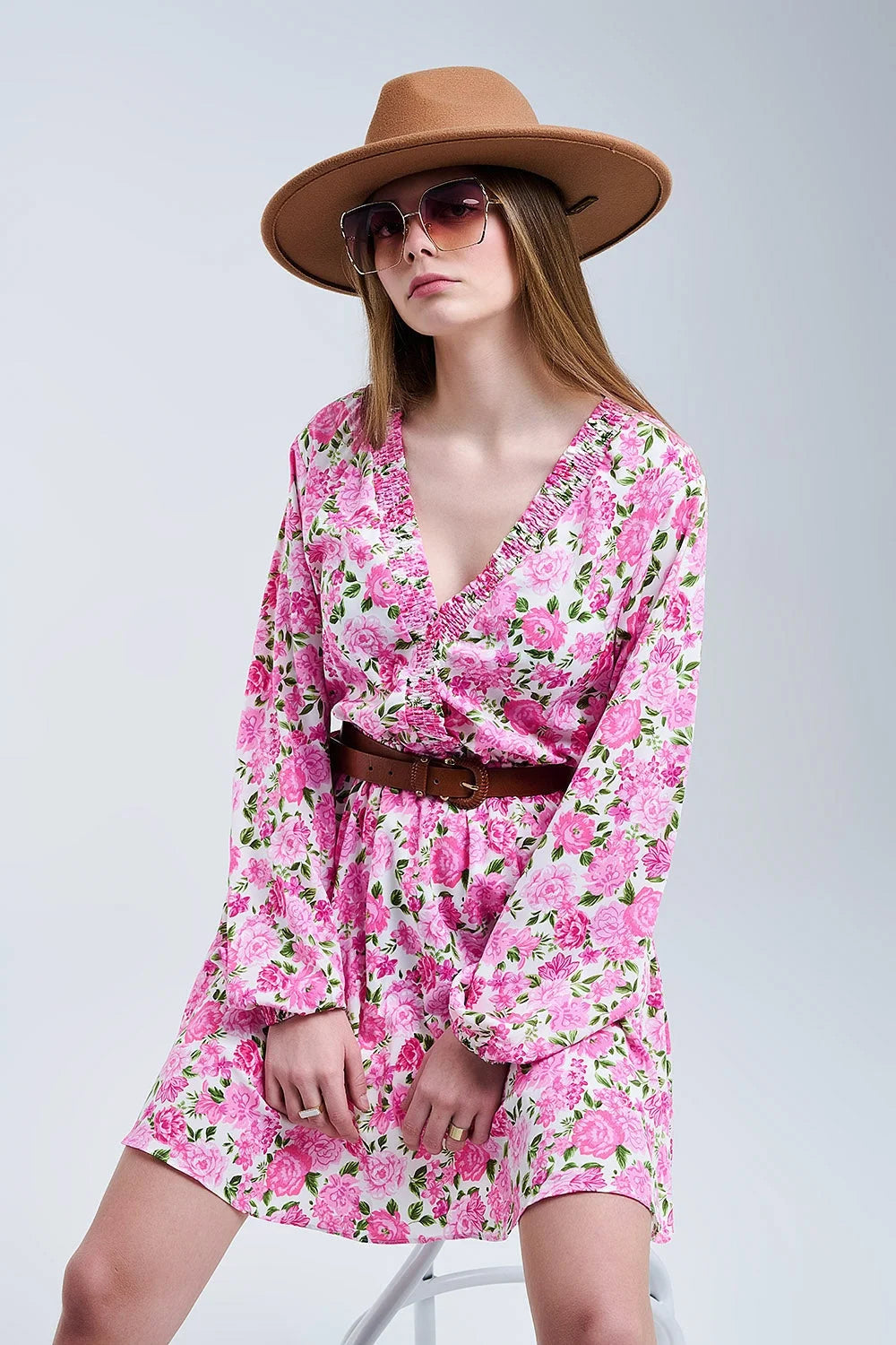 Floral V-Neck Dress With Pink Blooms and Green Accents LUNESCAPE