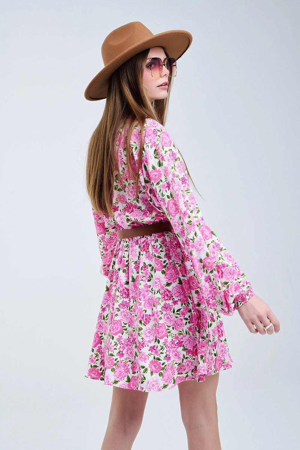 Floral V-Neck Dress With Pink Blooms and Green Accents LUNESCAPE
