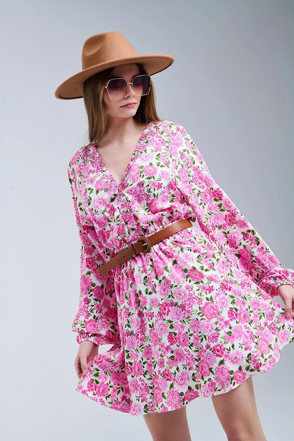 Floral V-Neck Dress With Pink Blooms and Green Accents LUNESCAPE
