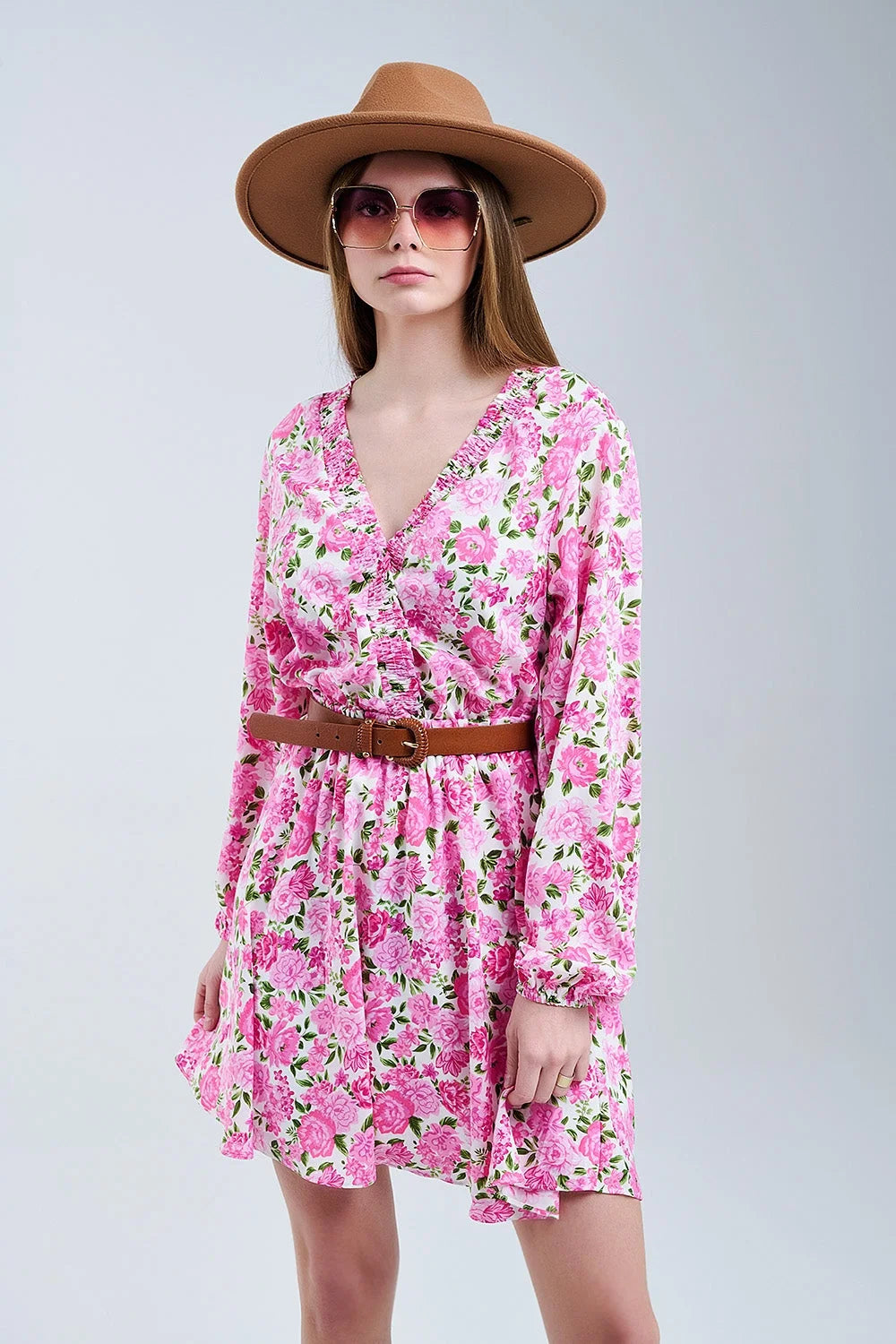 Floral V-Neck Dress With Pink Blooms and Green Accents LUNESCAPE