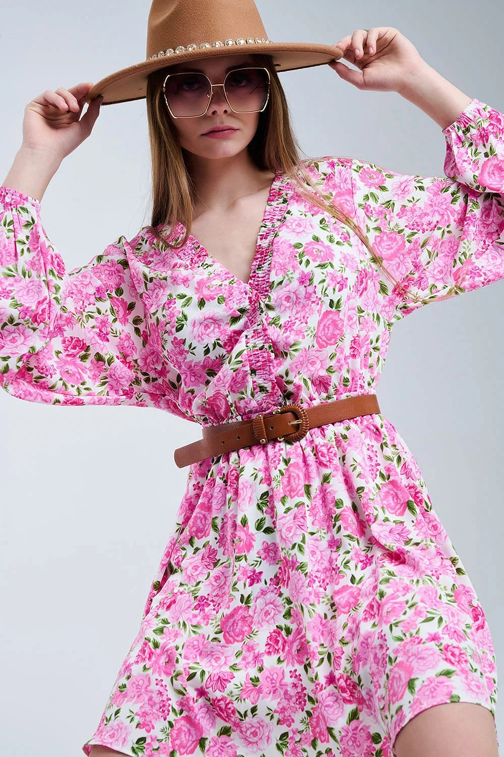 Floral V-Neck Dress With Pink Blooms and Green Accents LUNESCAPE