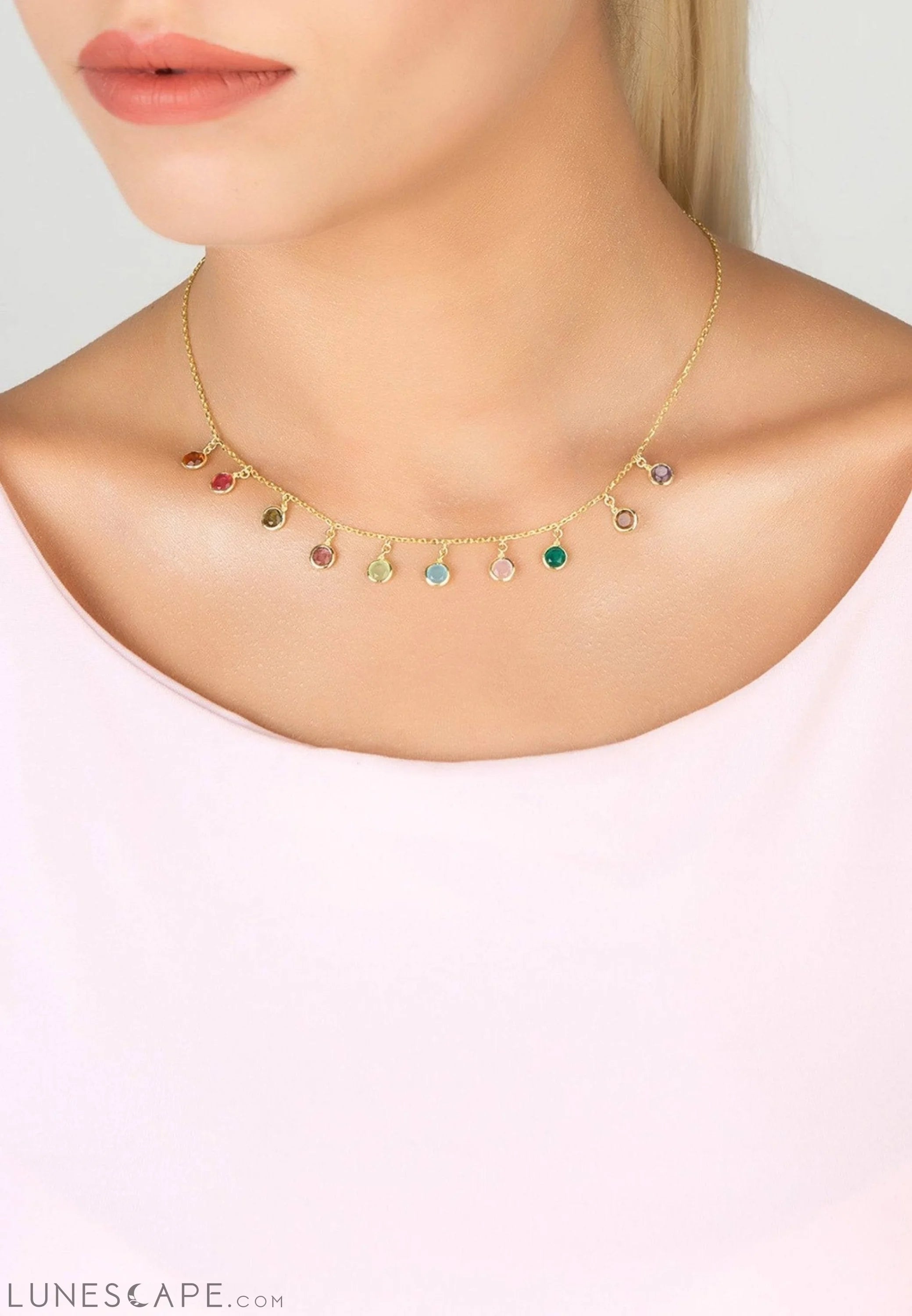 Florence Multi Coloured Gemstone Necklace Gold LUNESCAPE