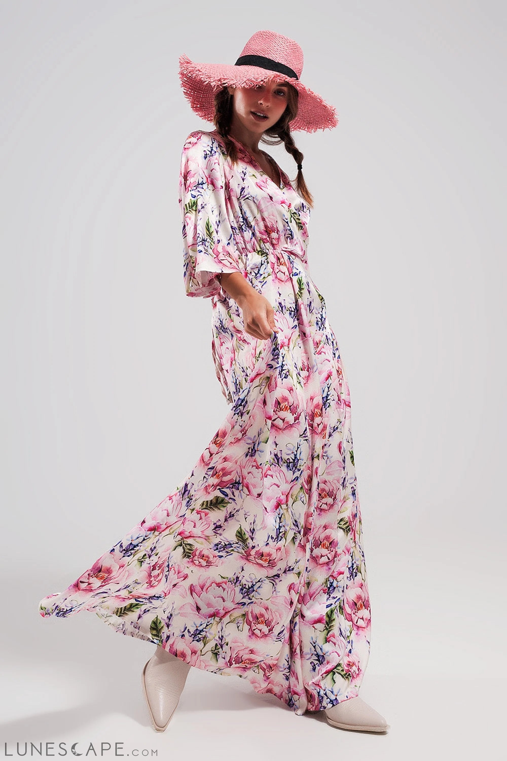 Flutter Sleeve Maxi Dress in Pink Floral Print LUNESCAPE