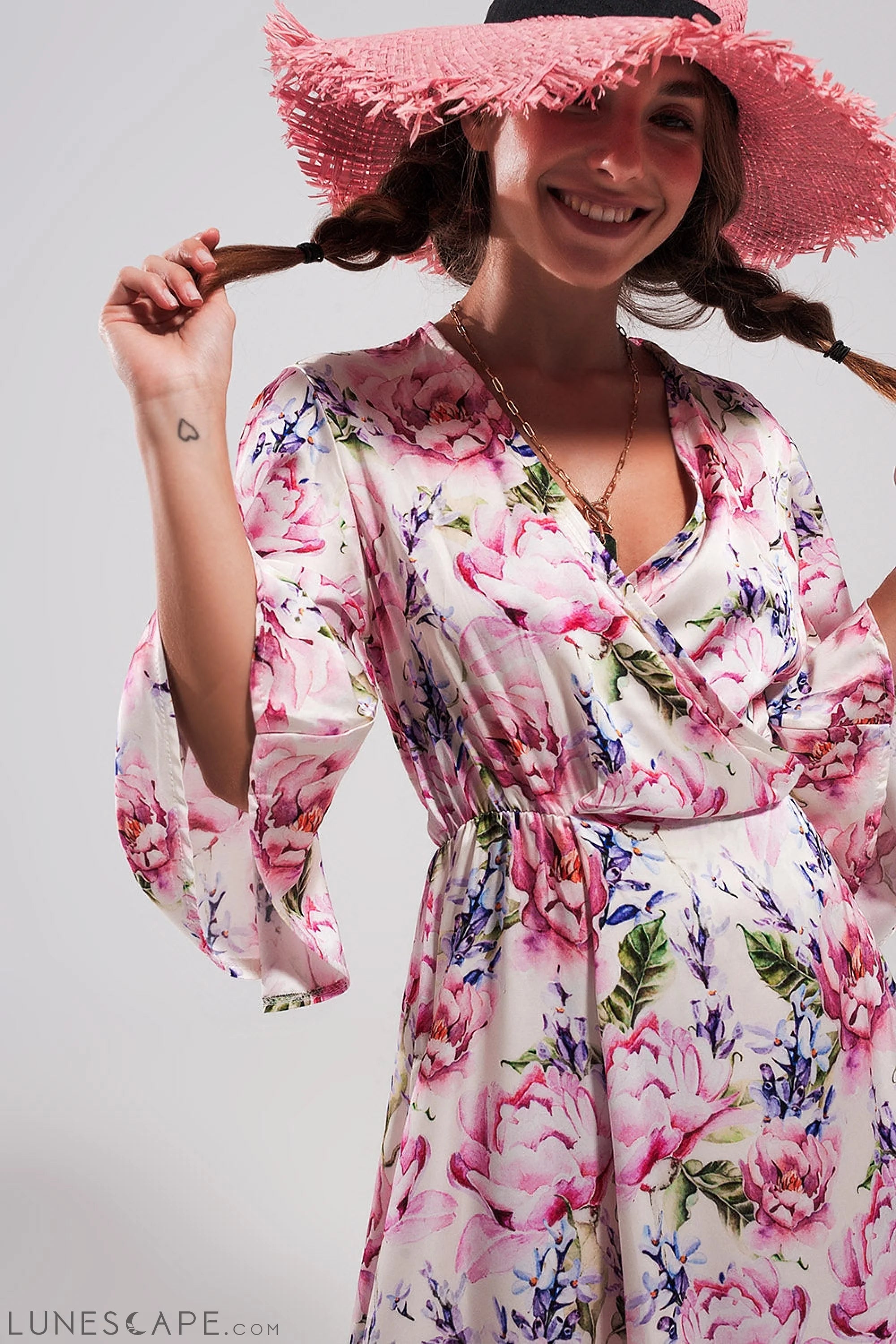 Flutter Sleeve Maxi Dress in Pink Floral Print LUNESCAPE
