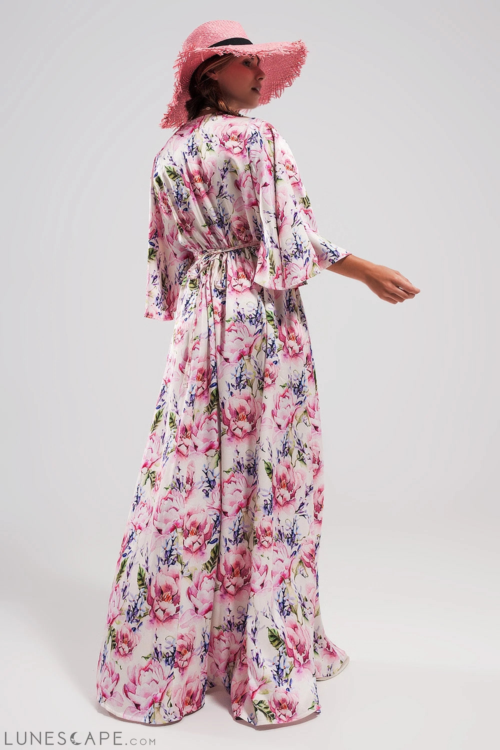 Flutter Sleeve Maxi Dress in Pink Floral Print LUNESCAPE