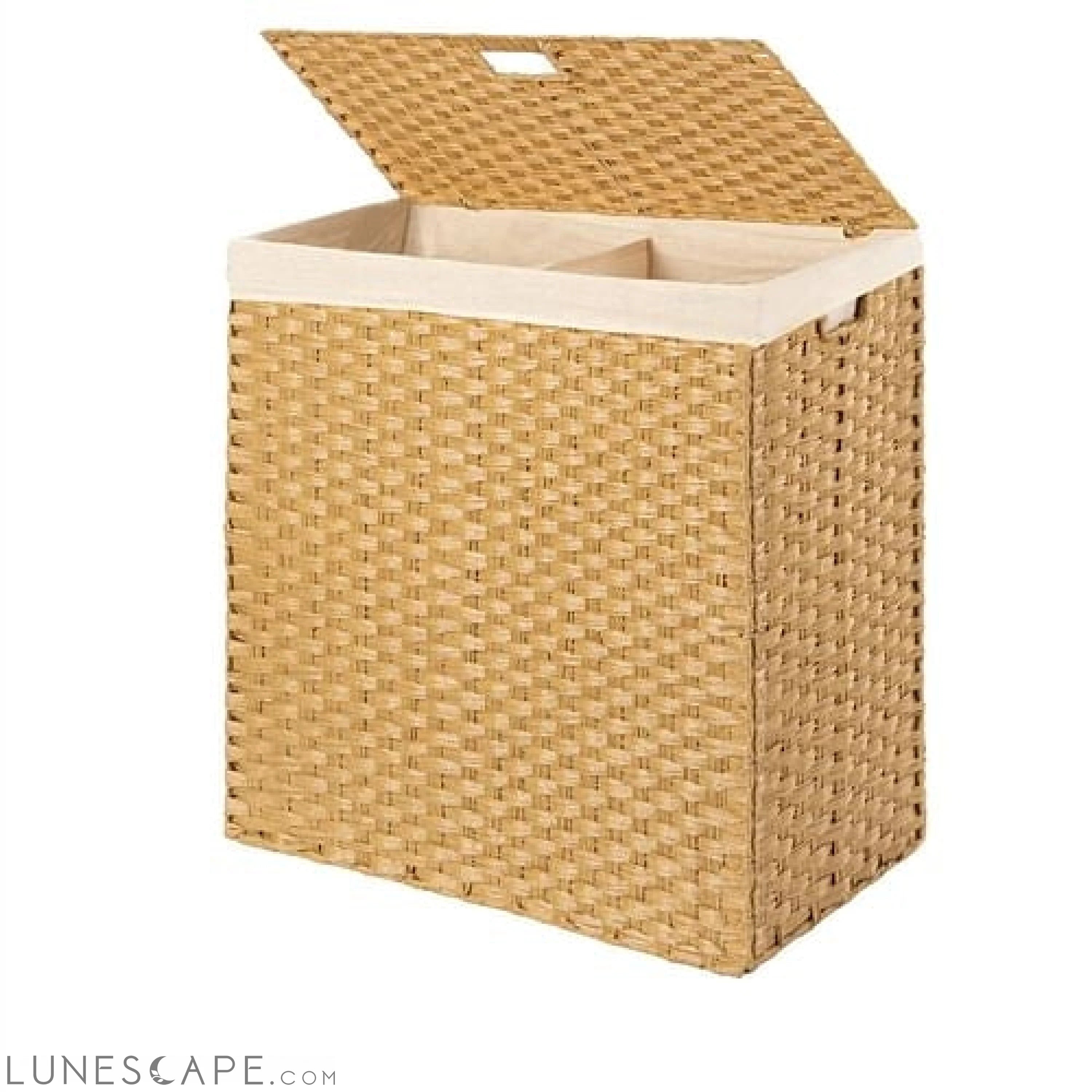 Folding 2-Bin Natural PE Wicker Linen Liner Laundry Hamper w/ Handles LUNESCAPE