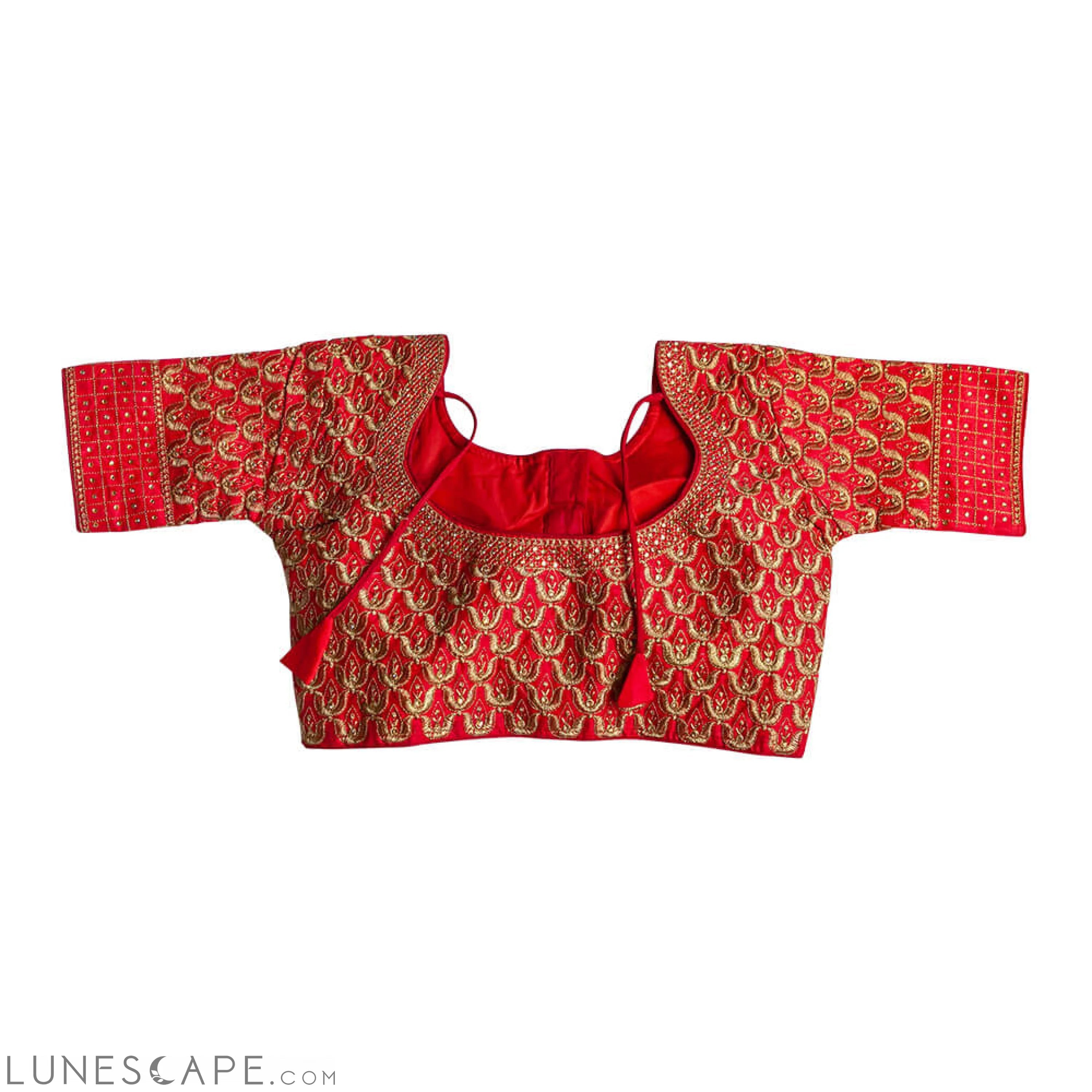 Front and Back Embroidered Long Sleeve Saree Blouse - Red LUNESCAPE