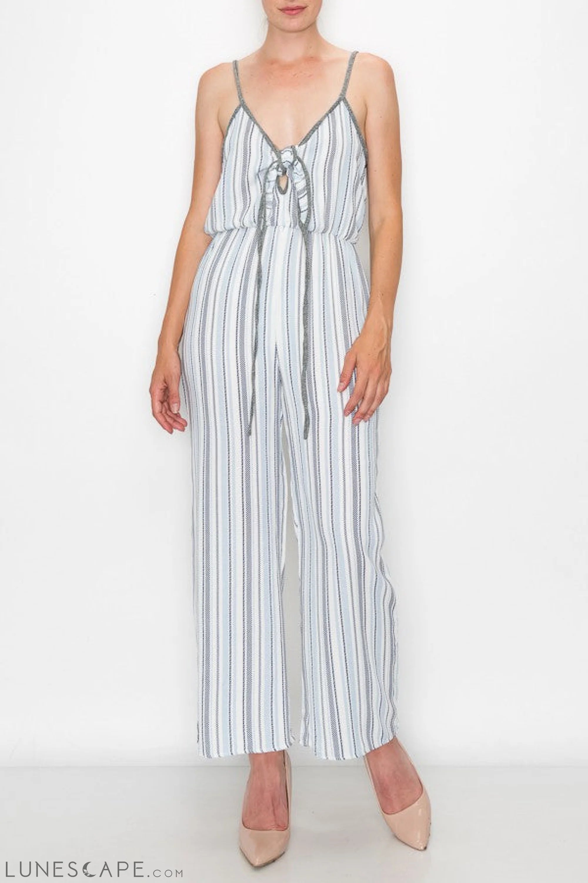 Front Tie Cropped Jumpsuit - Blue LUNESCAPE