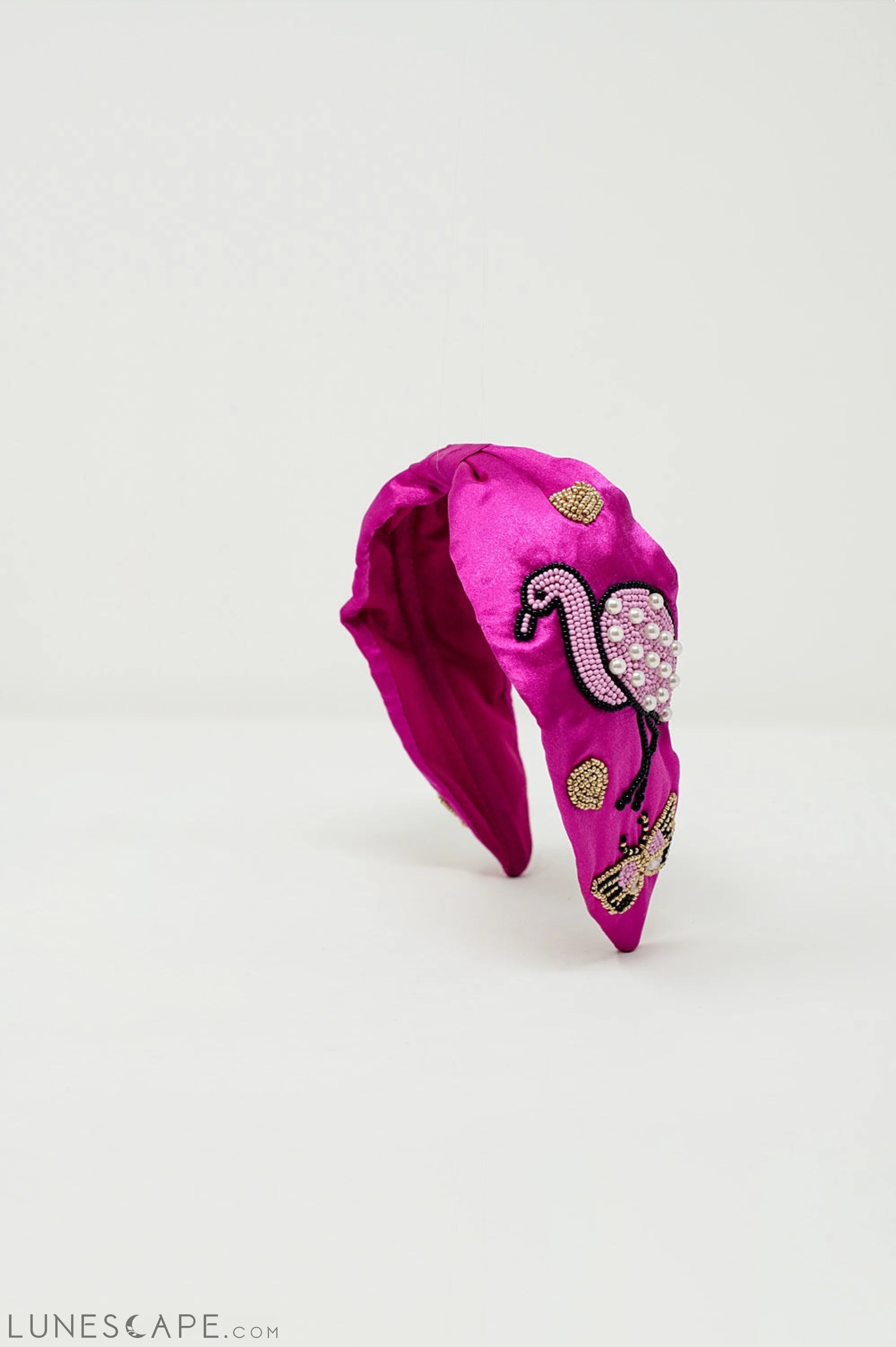 Fuchsia Satin Headband With Embroidered Flamigos LUNESCAPE