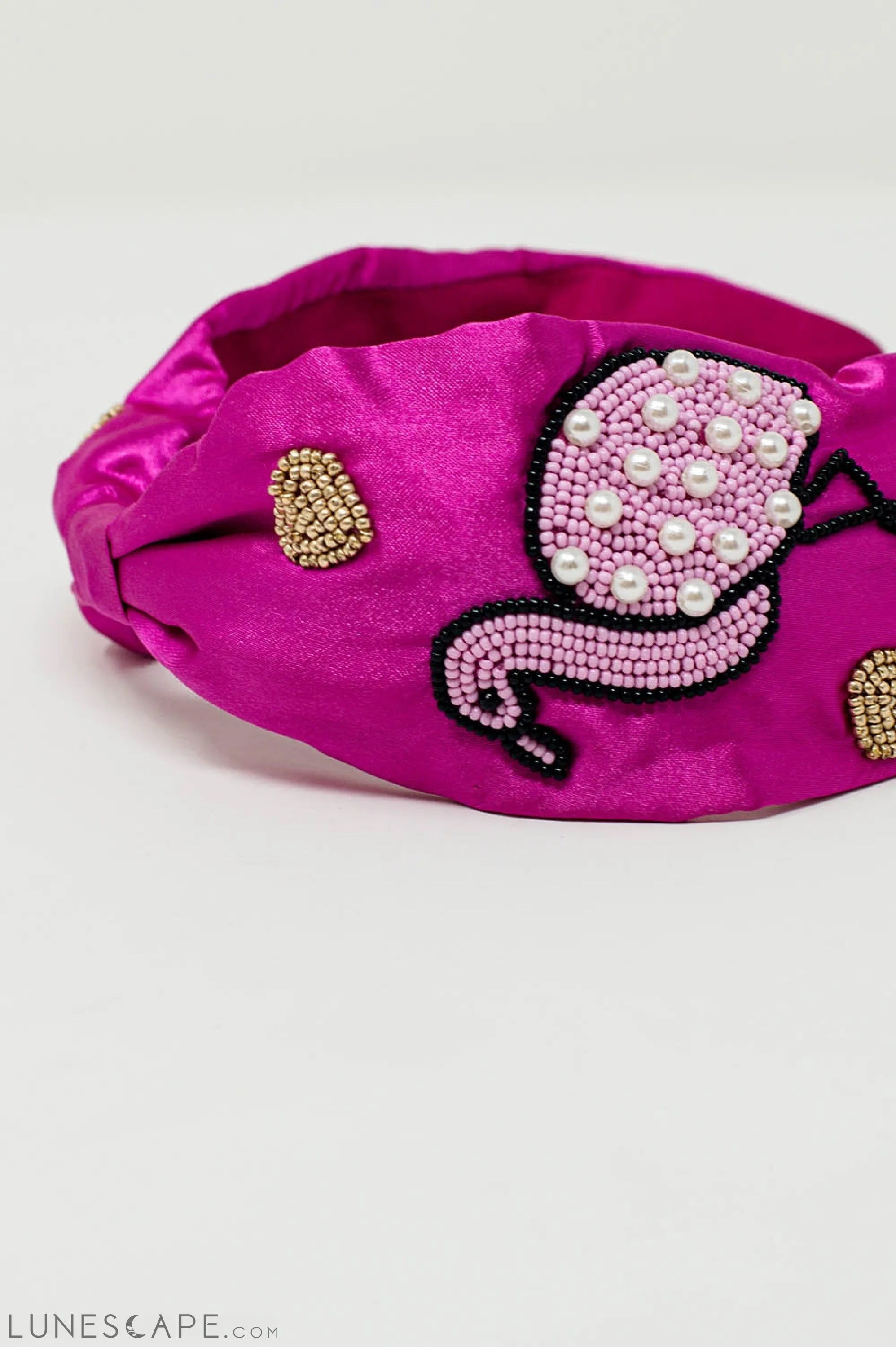 Fuchsia Satin Headband With Embroidered Flamigos LUNESCAPE