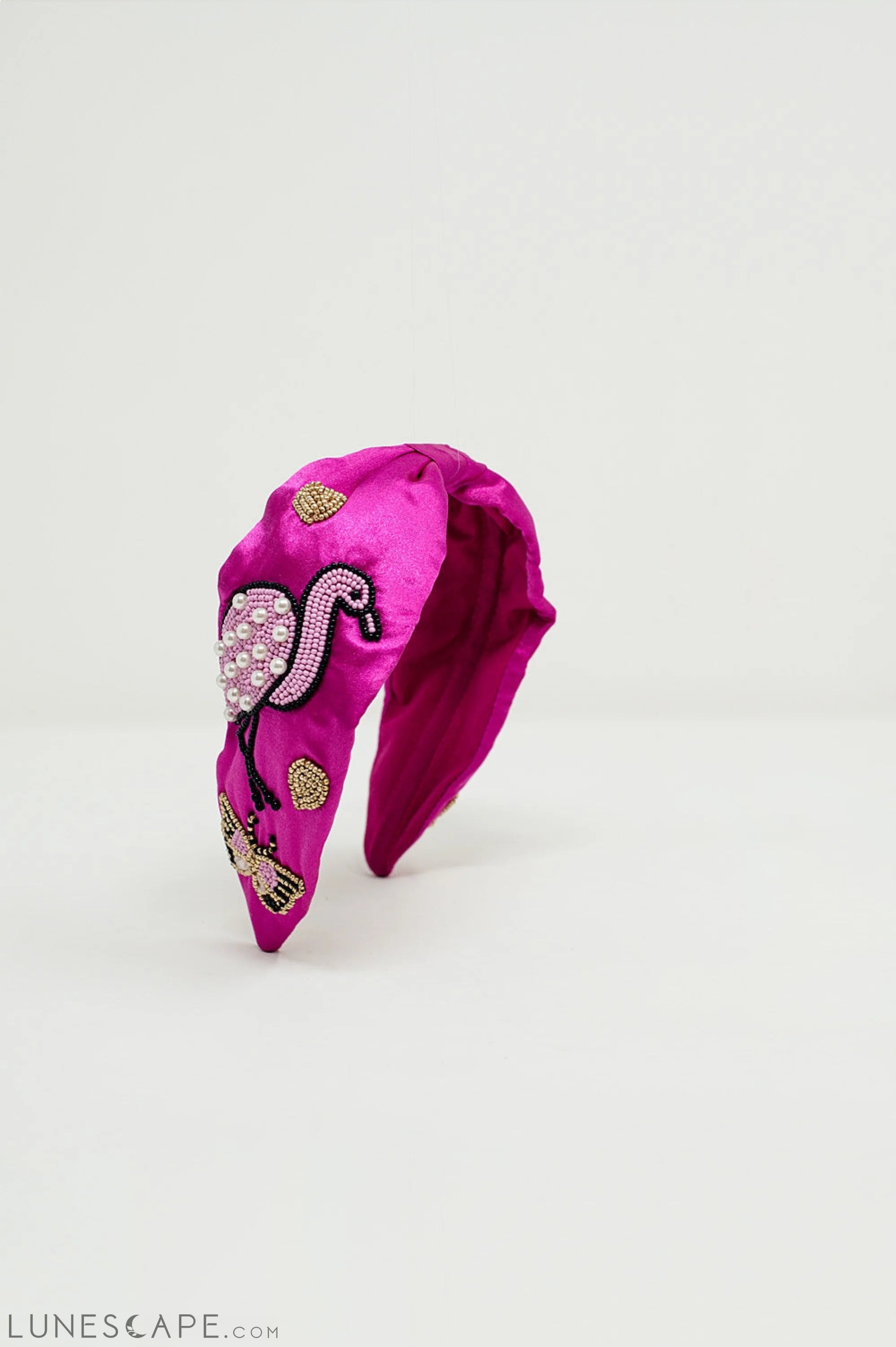 Fuchsia Satin Headband With Embroidered Flamigos LUNESCAPE