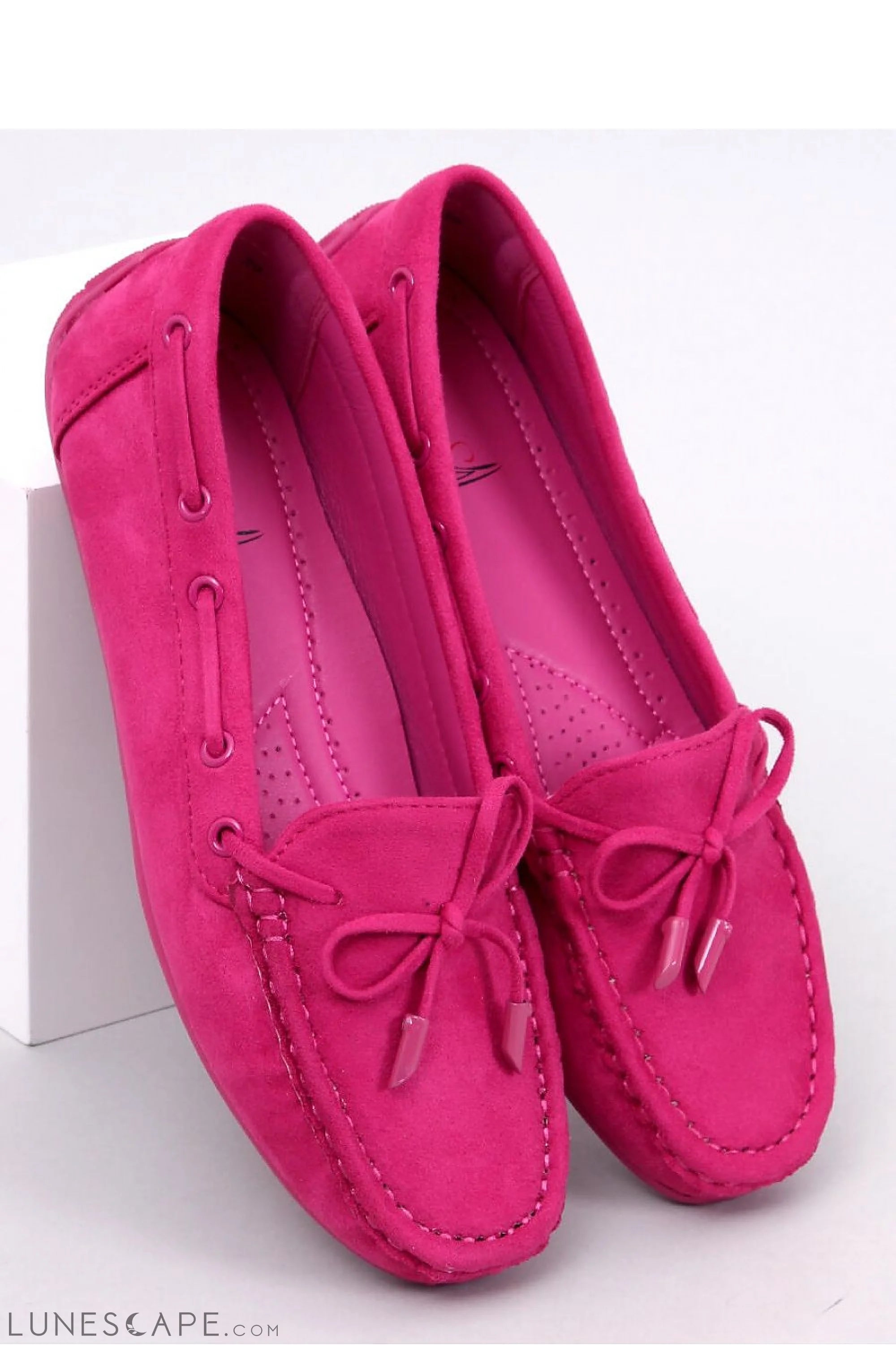 Fuchsia Vegan Suede Driving Moccasins with Bow Tie Detail LUNESCAPE