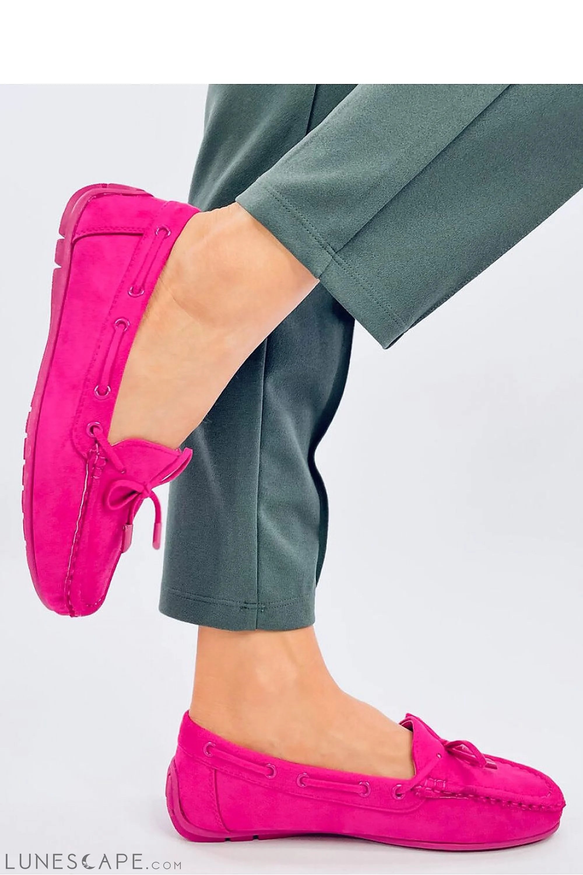 Fuchsia Vegan Suede Driving Moccasins with Bow Tie Detail LUNESCAPE