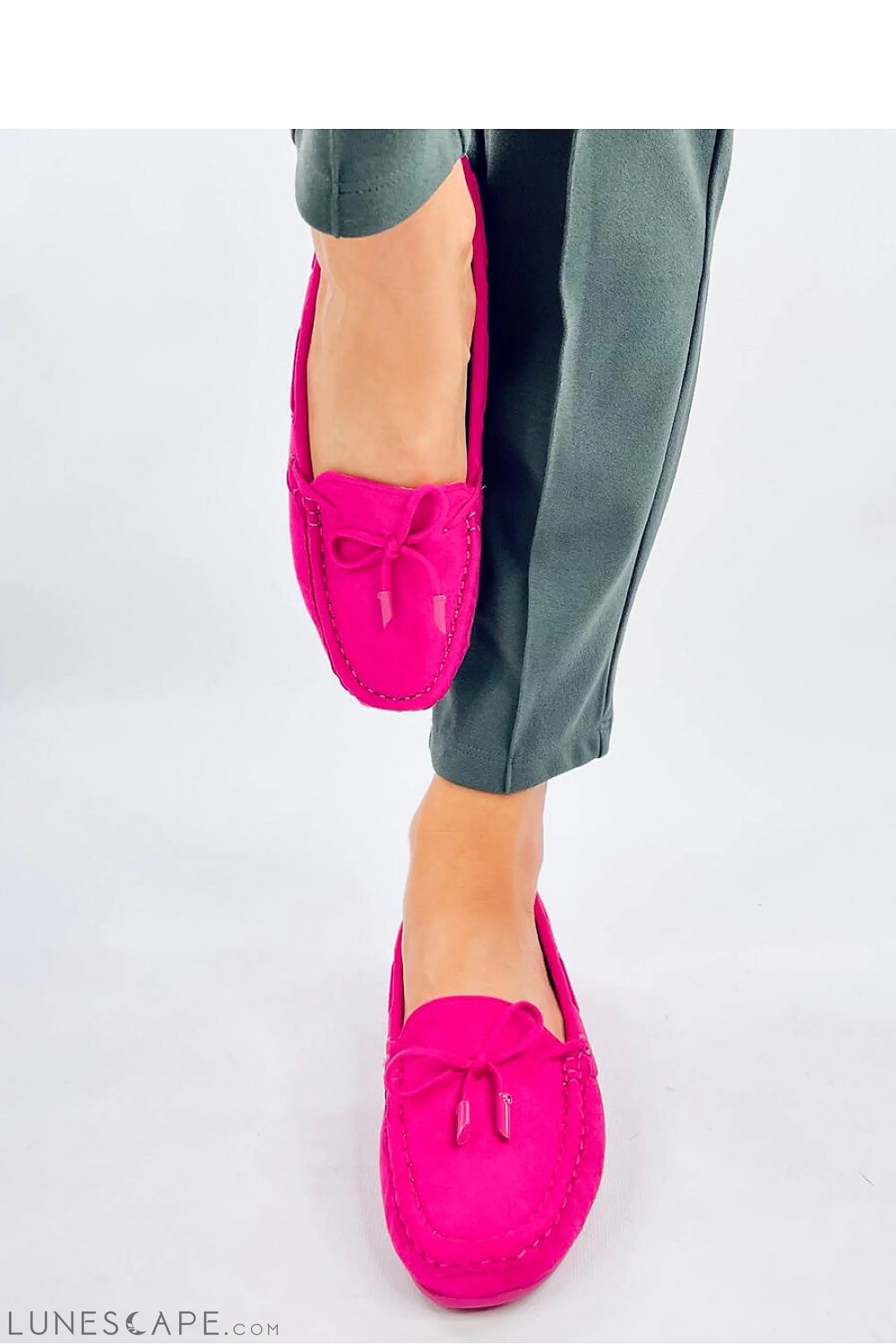 Fuchsia Vegan Suede Driving Moccasins with Bow Tie Detail LUNESCAPE