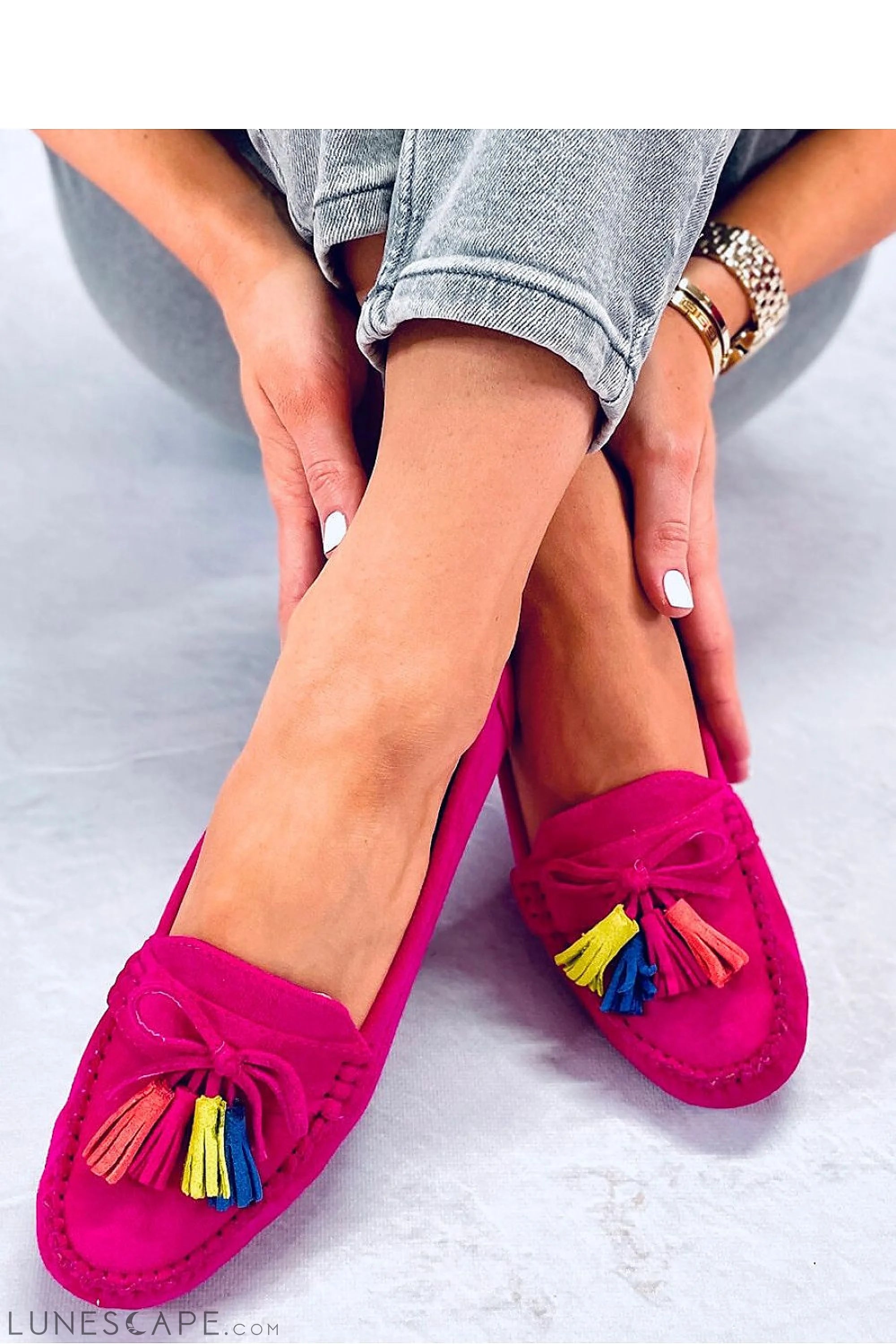 Fuchsia Vegan Suede Moccasins – Women's Round Toe with Colorful Tassels LUNESCAPE
