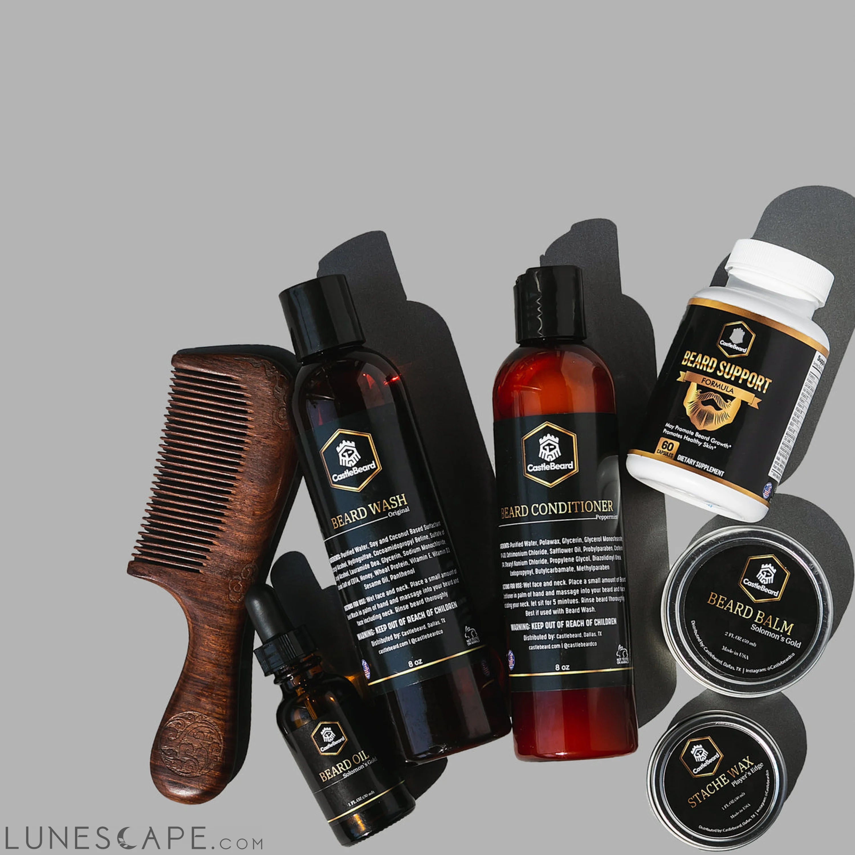 Full Beard Grooming Kit - Oil, Balm, Wax, Wash, Conditioner & Comb LUNESCAPE