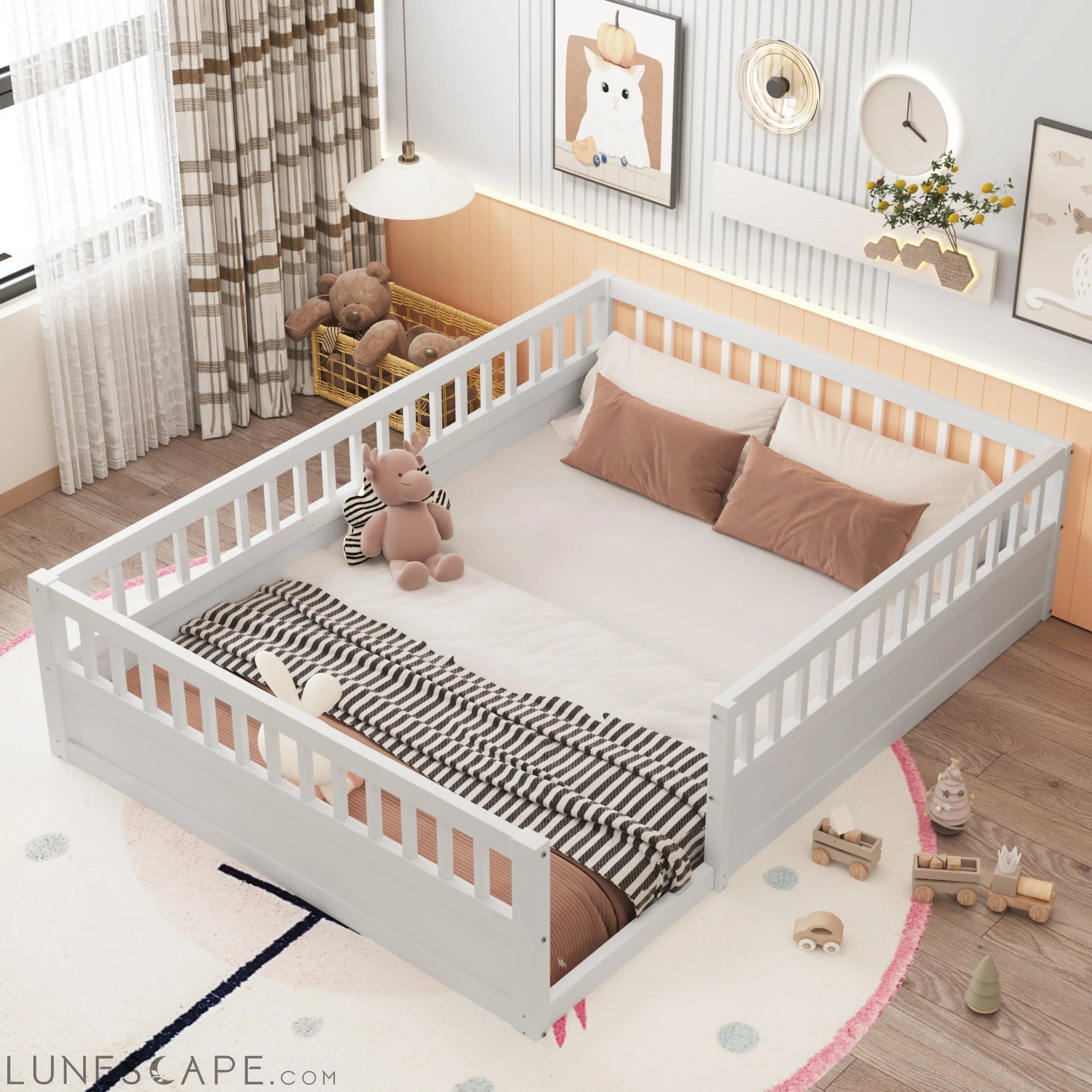 Full Floor Bed Frame with Fence, Wood Kids Floor Beds Frame for LUNESCAPE