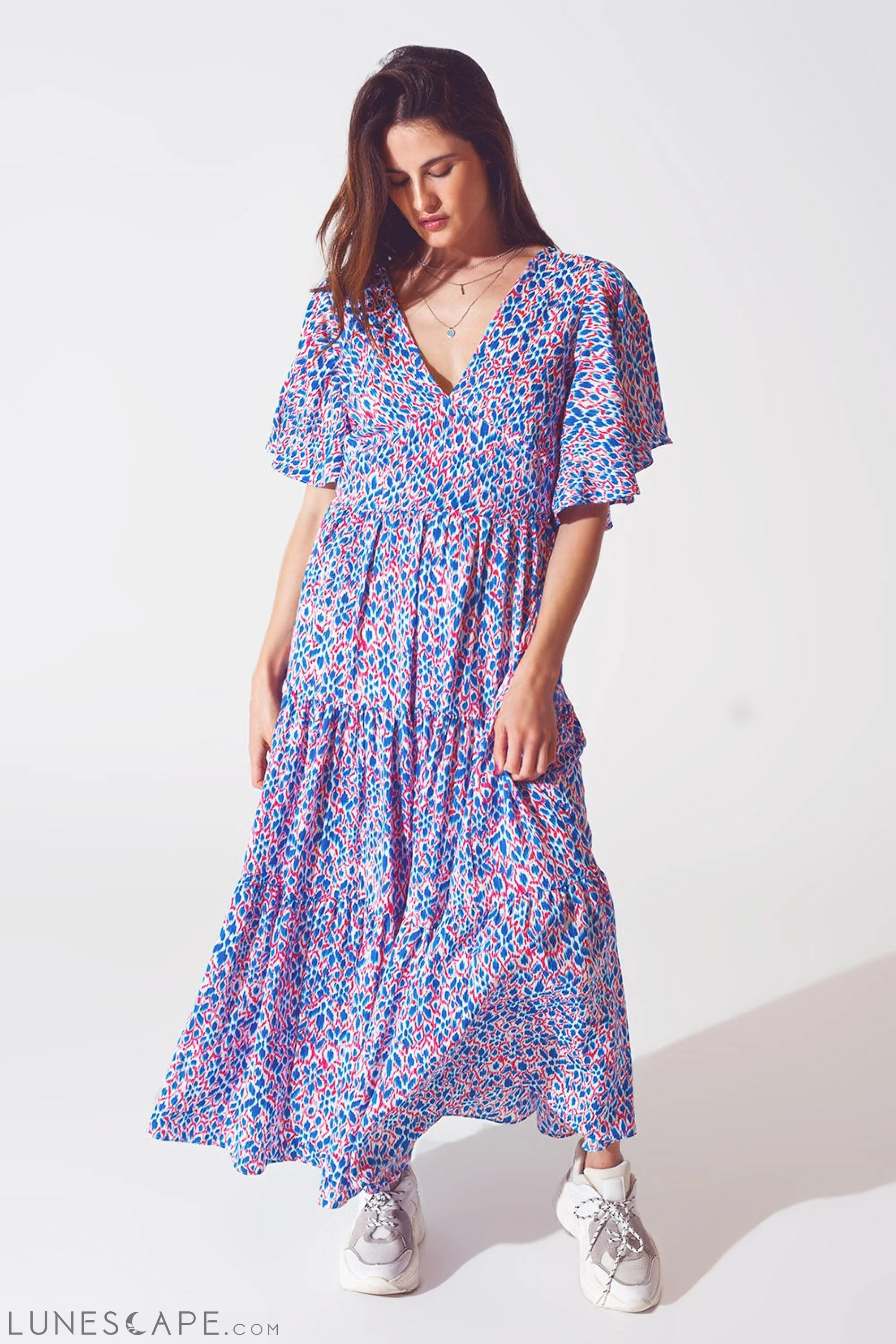 Full Length Dress With Open Tie Back in Purple Print LUNESCAPE