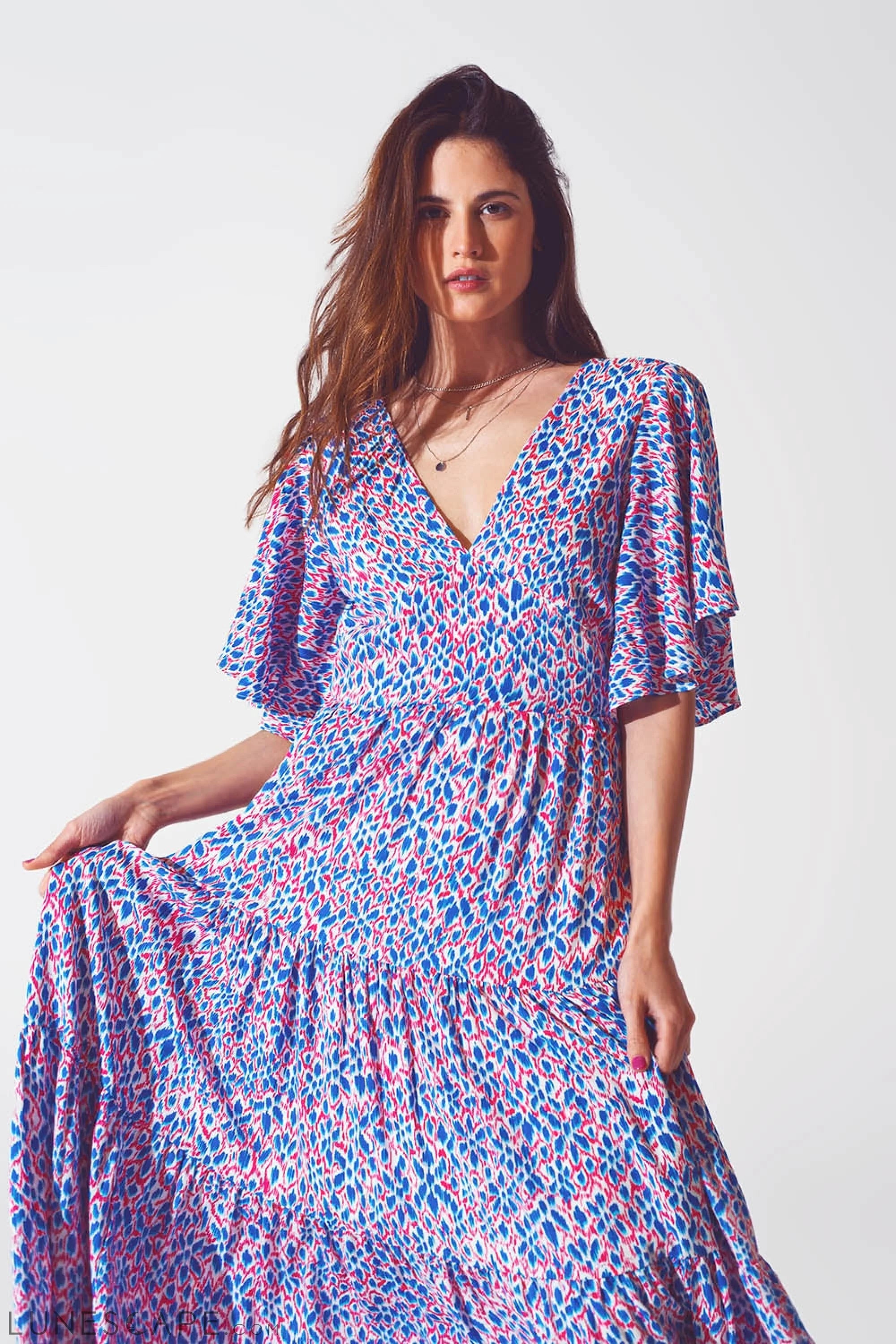 Full Length Dress With Open Tie Back in Purple Print LUNESCAPE