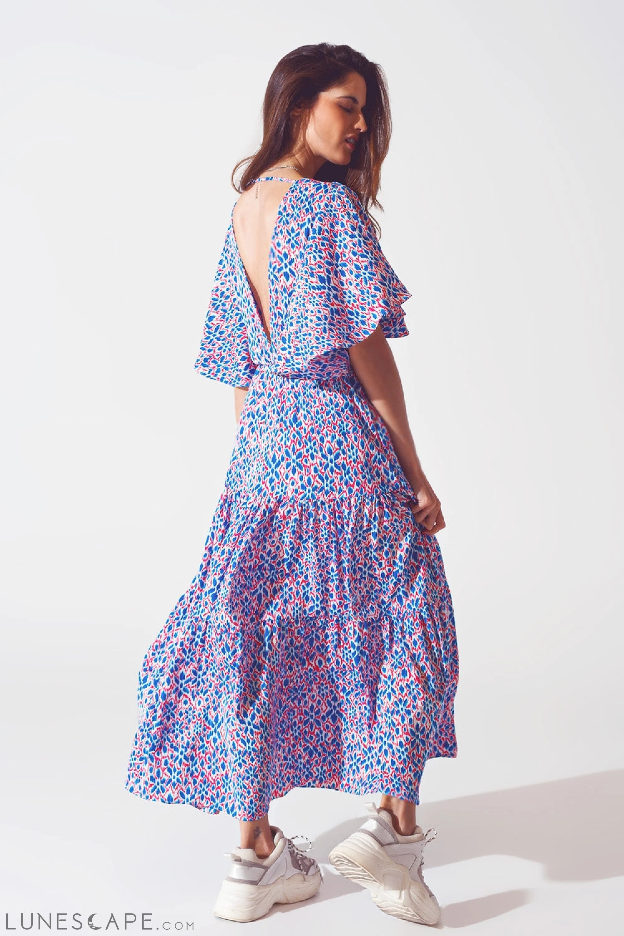 Full Length Dress With Open Tie Back in Purple Print LUNESCAPE