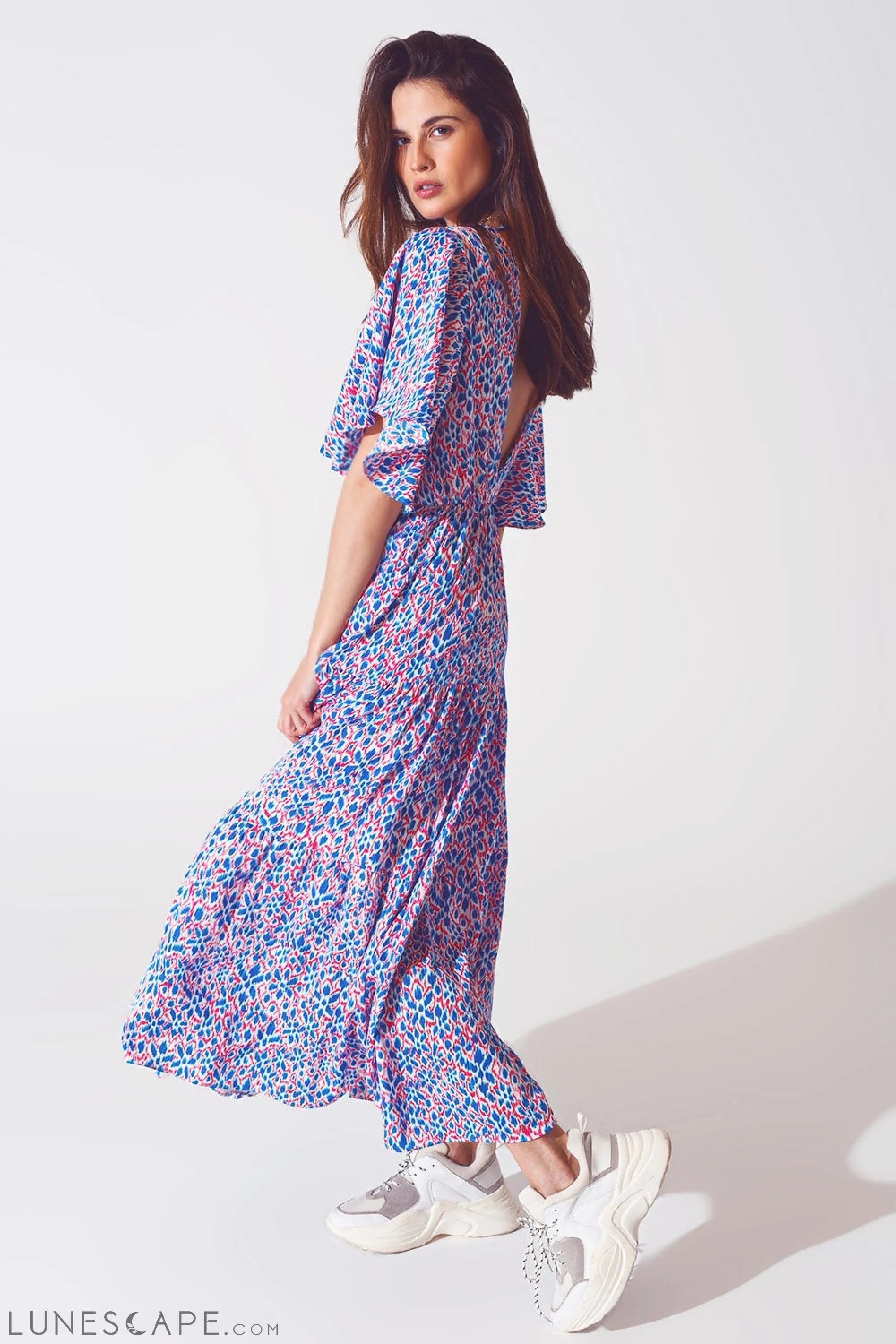Full Length Dress With Open Tie Back in Purple Print LUNESCAPE