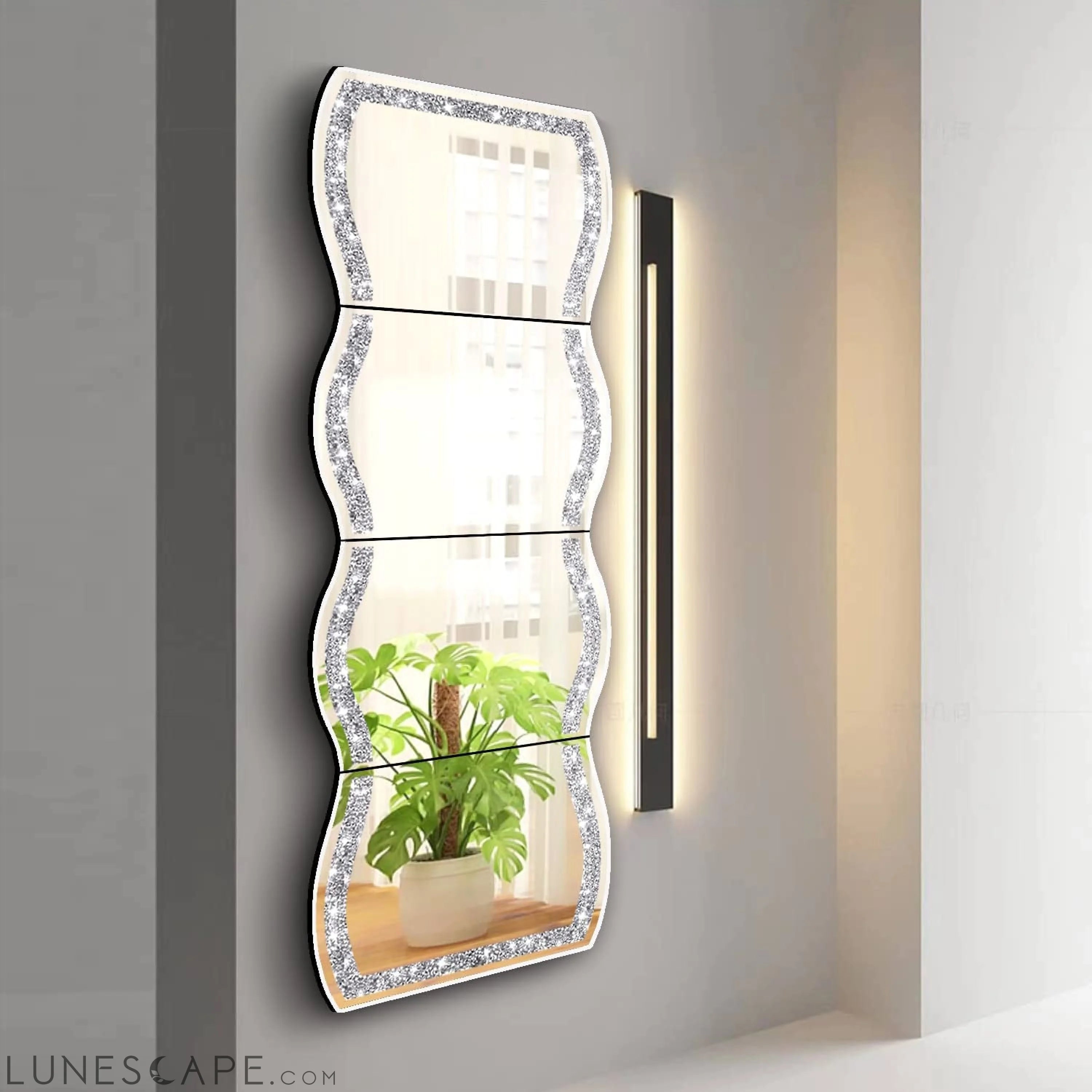 Full Length Wall Mirror,Wave Pattern Irregular Crushed Diamond Body LUNESCAPE