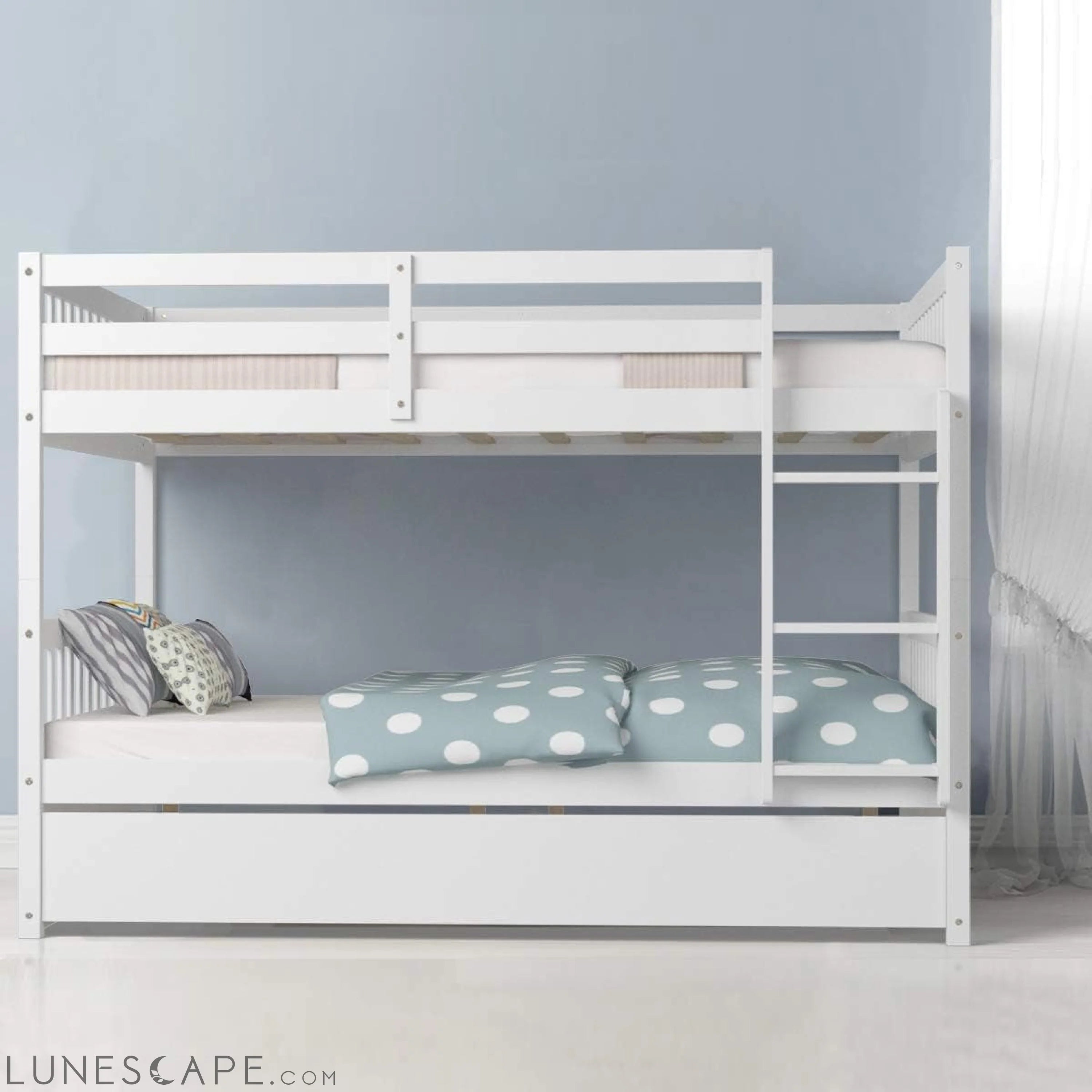 Full over Full Wooden Bunk Bed W/ Trundle, White LUNESCAPE