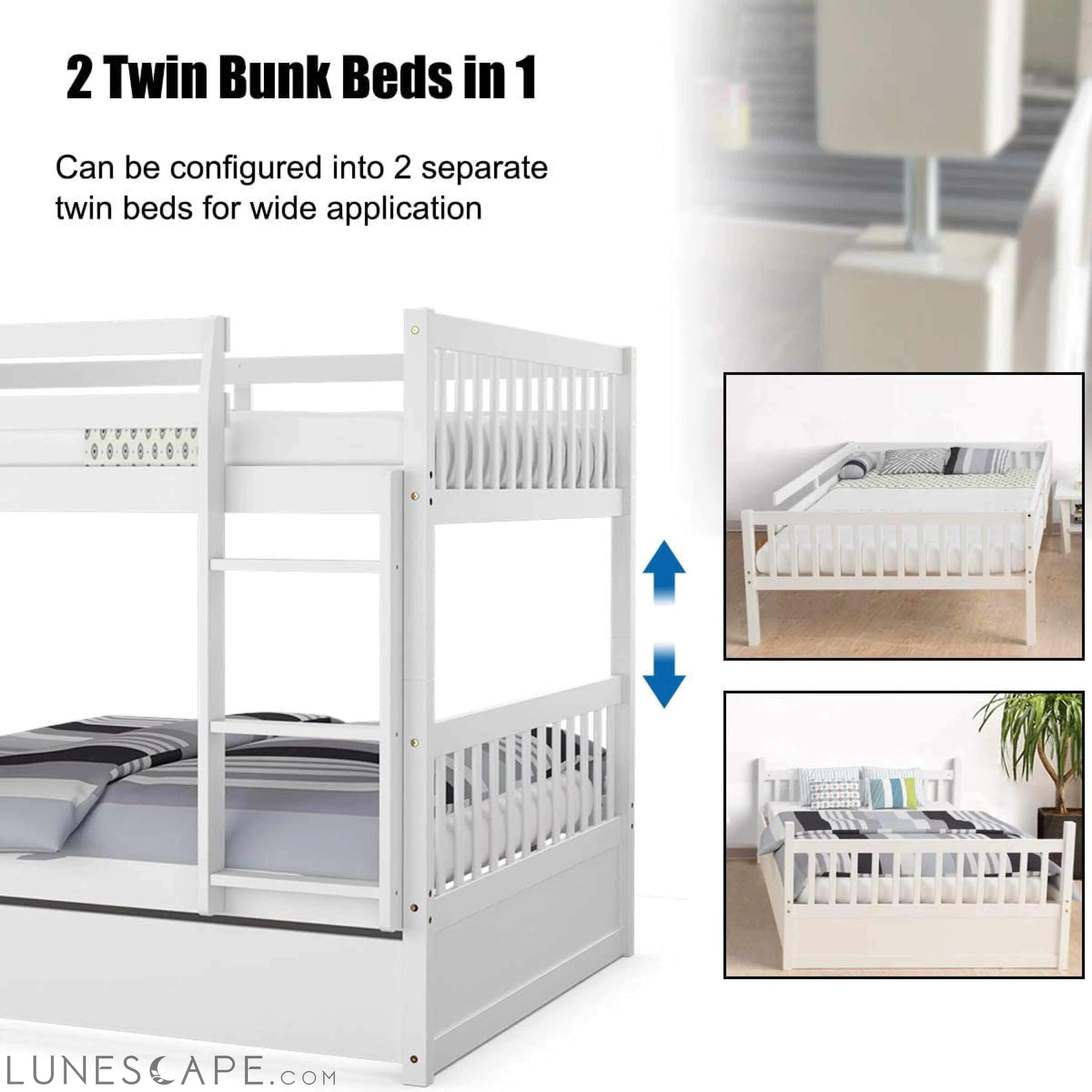 Full over Full Wooden Bunk Bed W/ Trundle, White LUNESCAPE