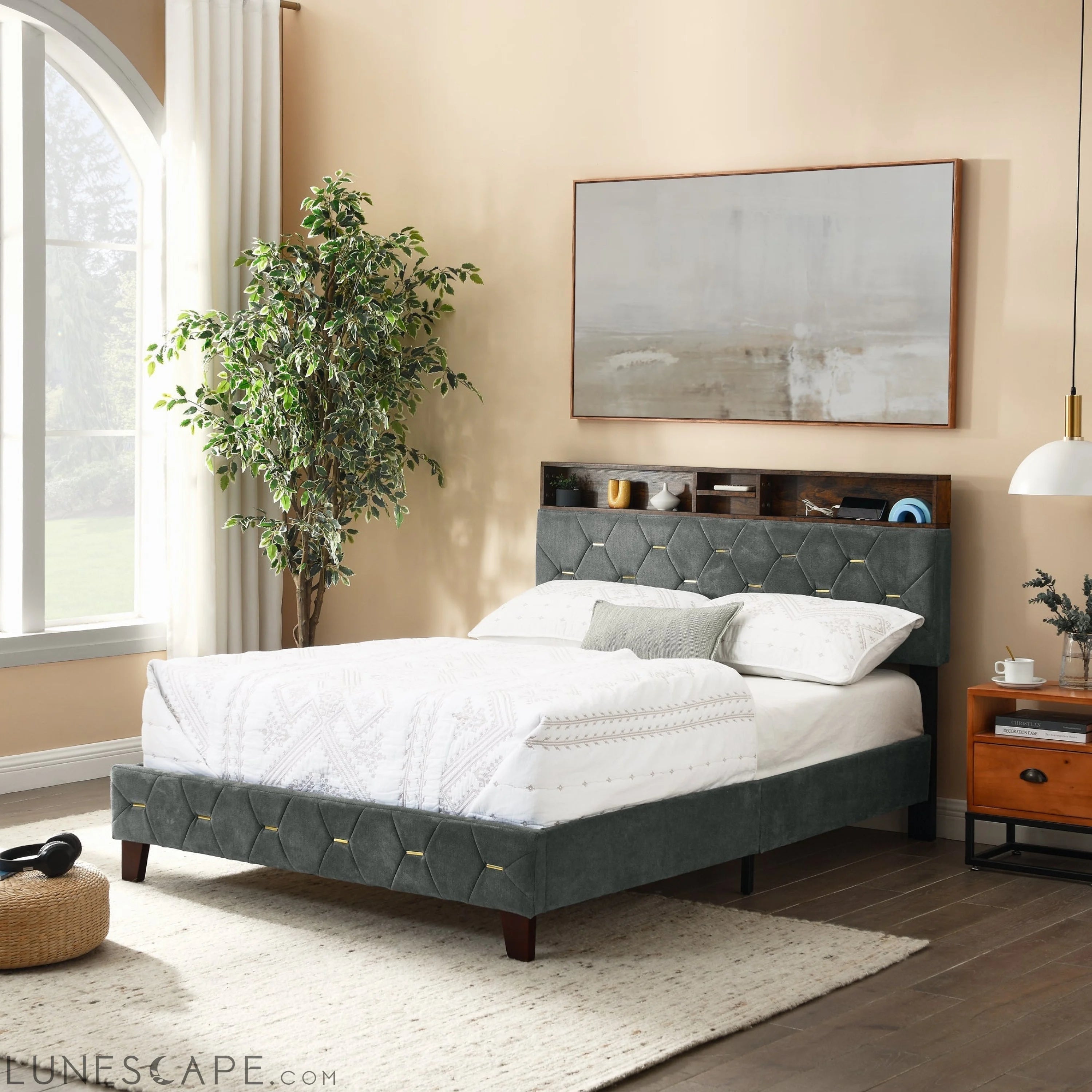 Full Size Bed Frame, Shelf Upholstered Headboard, Platform Bed with LUNESCAPE