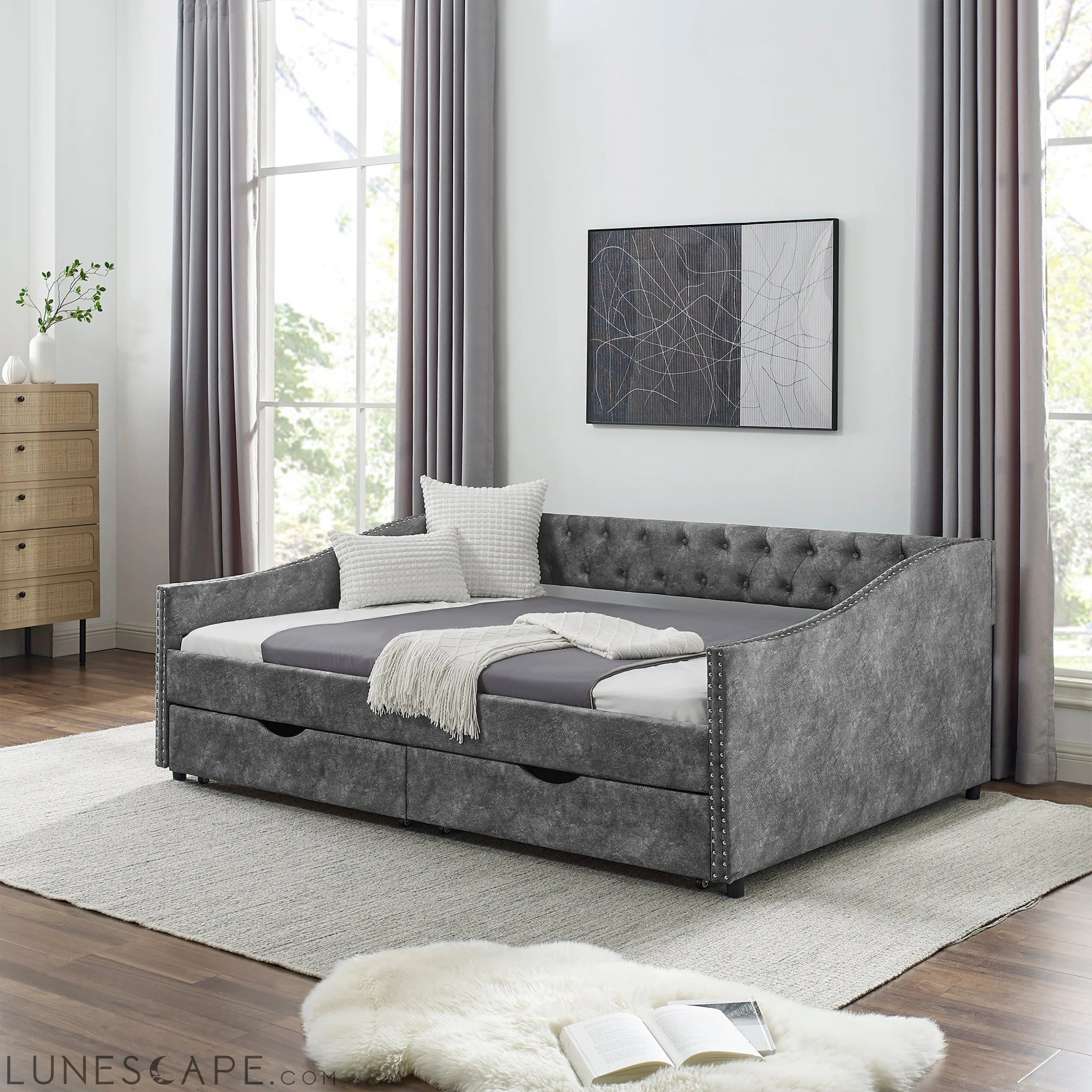 Full Size Daybed with Drawers Upholstered Tufted Sofa Bed LUNESCAPE