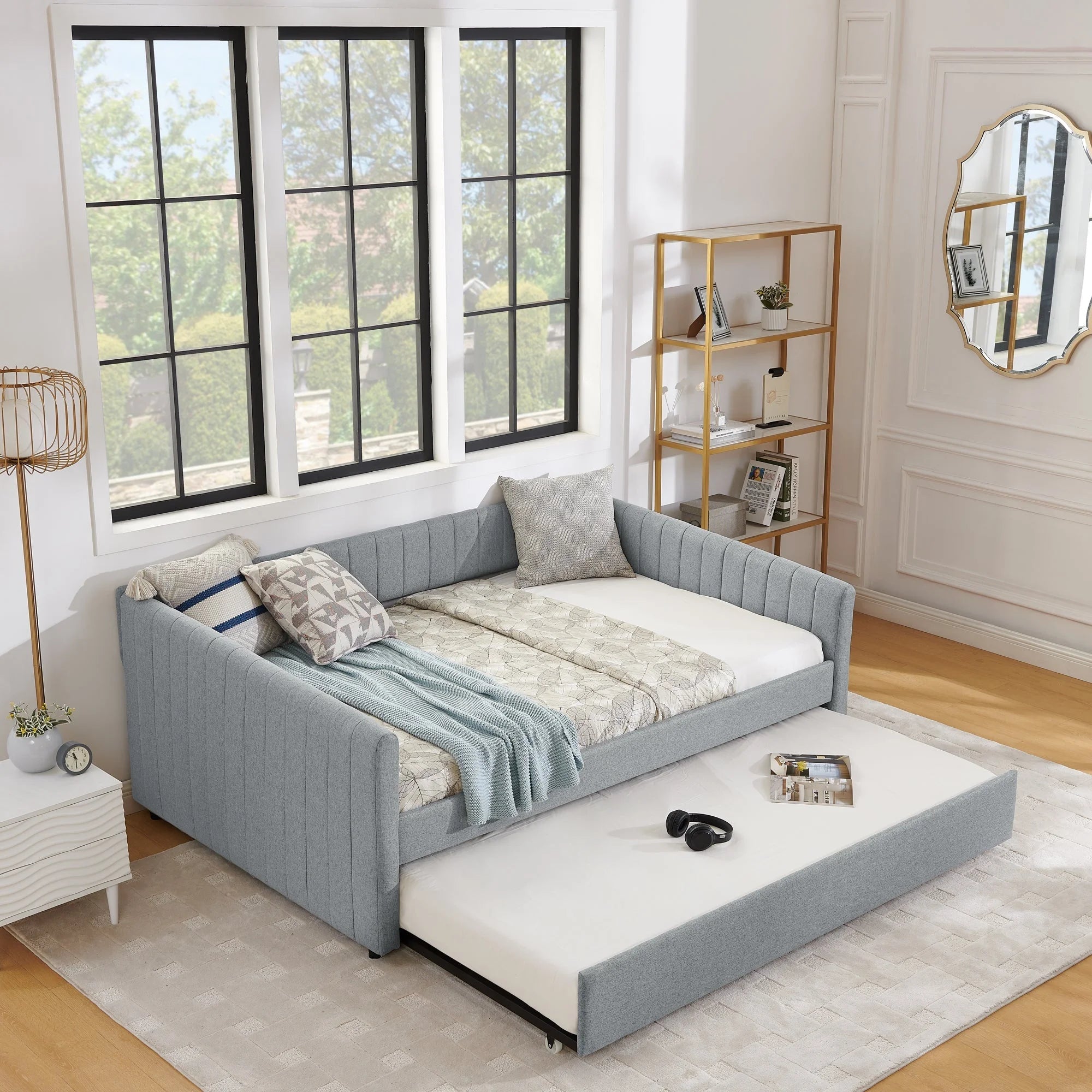 Full Size Daybed with Trundle Upholstered Sofa Bed, with Vertical LUNESCAPE