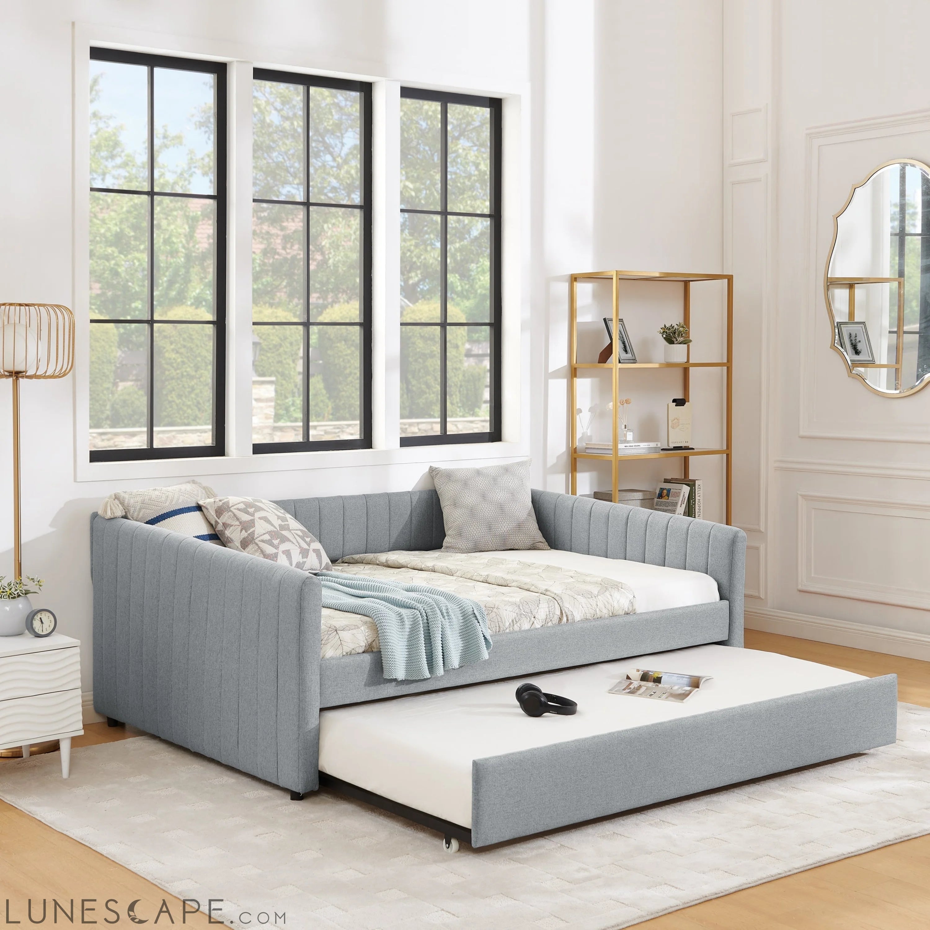 Full Size Daybed with Trundle Upholstered Sofa Bed, with Vertical LUNESCAPE